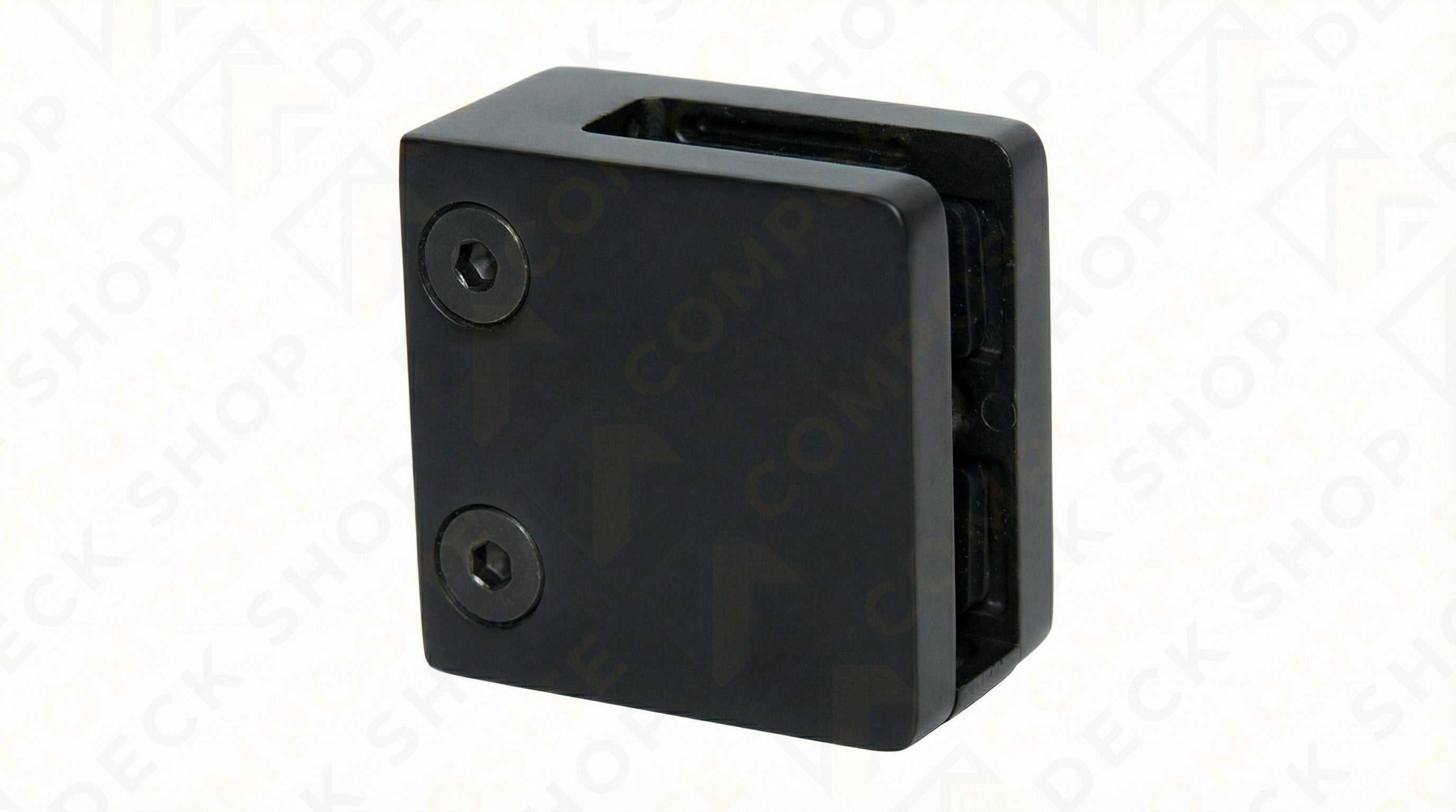 Black rectangular glass clamp with two visible screws, ideal for frameless glass railing or securing glass panels.