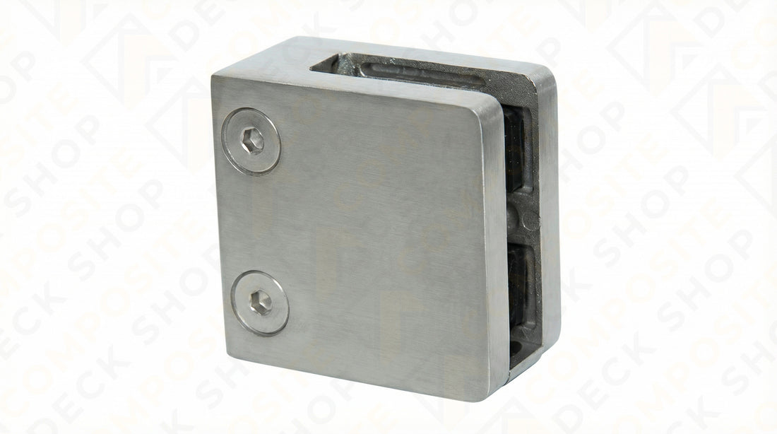 Rectangular metal glass clamp with a side hole, ideal for securing glass panels in frameless glass railing systems.
