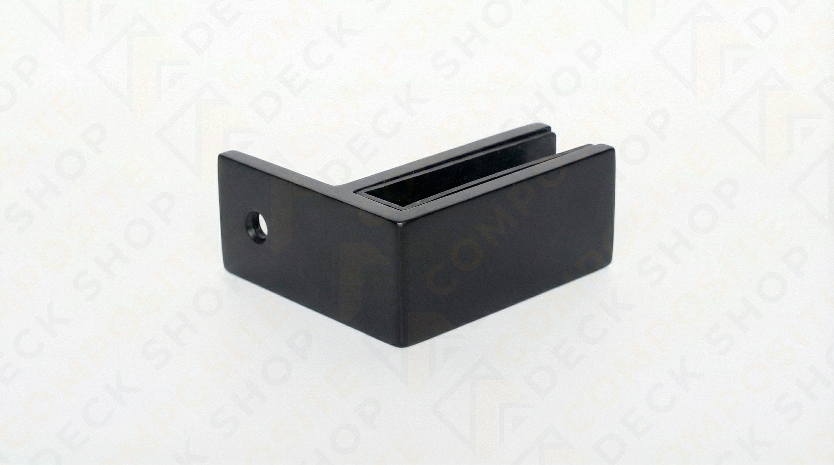 Black metal glass clamp with a side hole, ideal for securing glass panels in frameless glass railing systems.