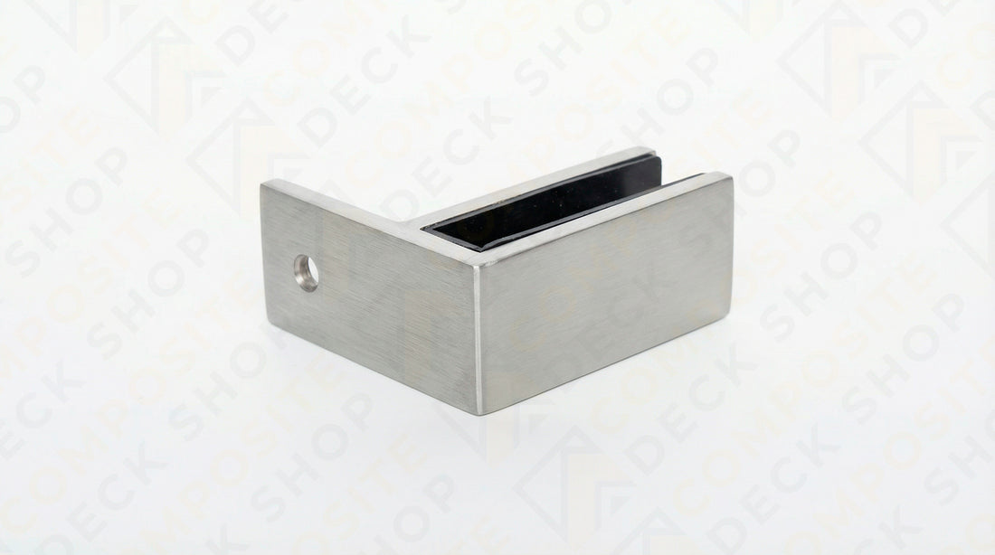 Rectangular metal glass clamp with a side hole, ideal for securing glass panels in frameless glass railing systems.