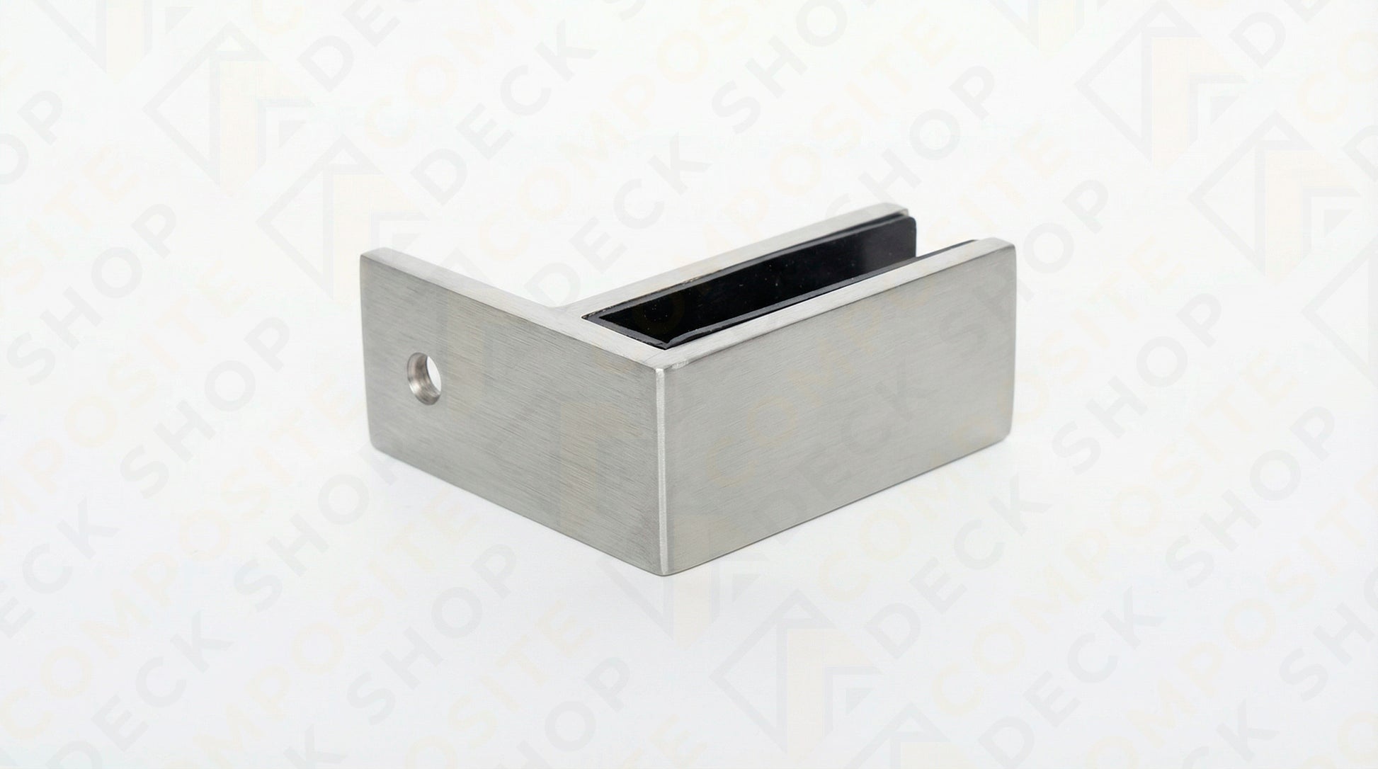 Rectangular metal glass clamp with a side hole, ideal for securing glass panels in frameless glass railing systems.