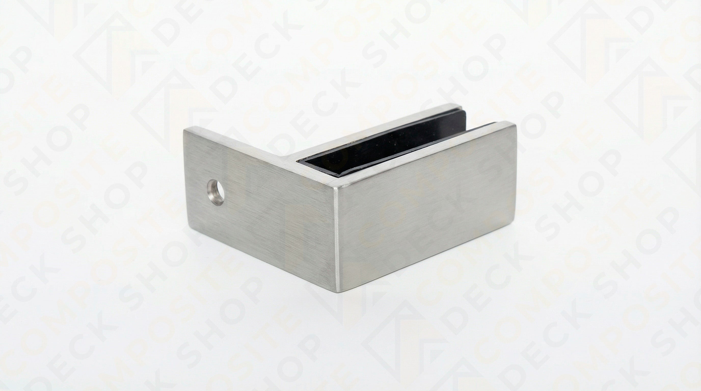 Rectangular metal glass clamp with a side hole, ideal for securing glass panels in frameless glass railing systems.