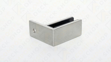 Rectangular metal glass clamp with a side hole, ideal for securing glass panels in frameless glass railing systems.