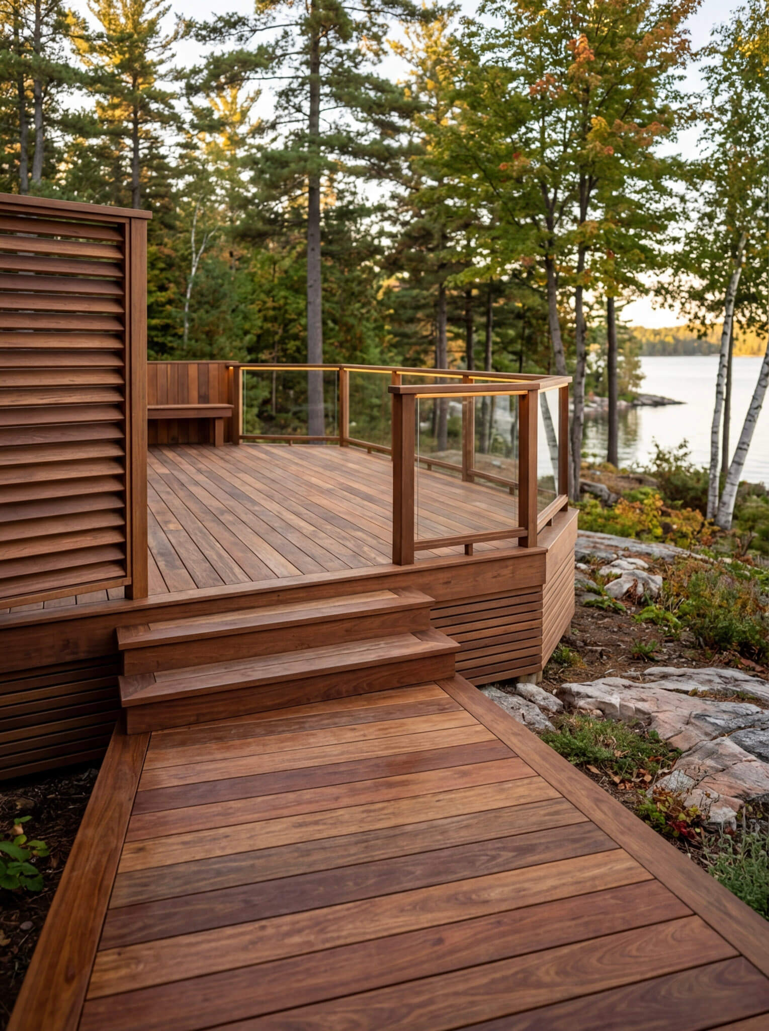 IPE wood decking with glass railing and steps overlooks a lake, blending into the natural landscape and outdoor spaces.