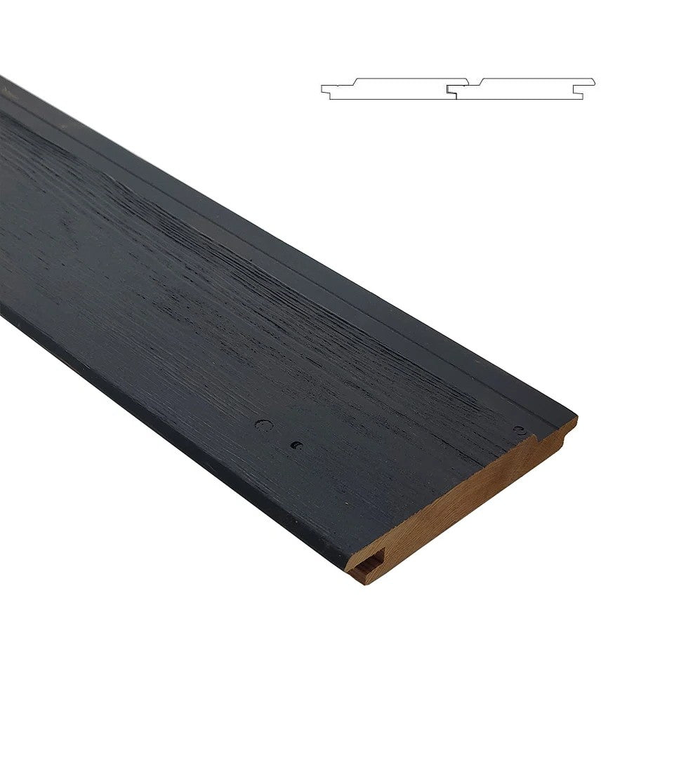 Image of Lunawood - Luna Pro Brushed Black cladding made from heat-treated Nordic spruce, featuring a close-up of the wood texture with a diagram of the cladding profile. Logos for Lunawood and Composite Deck Shop are shown below.