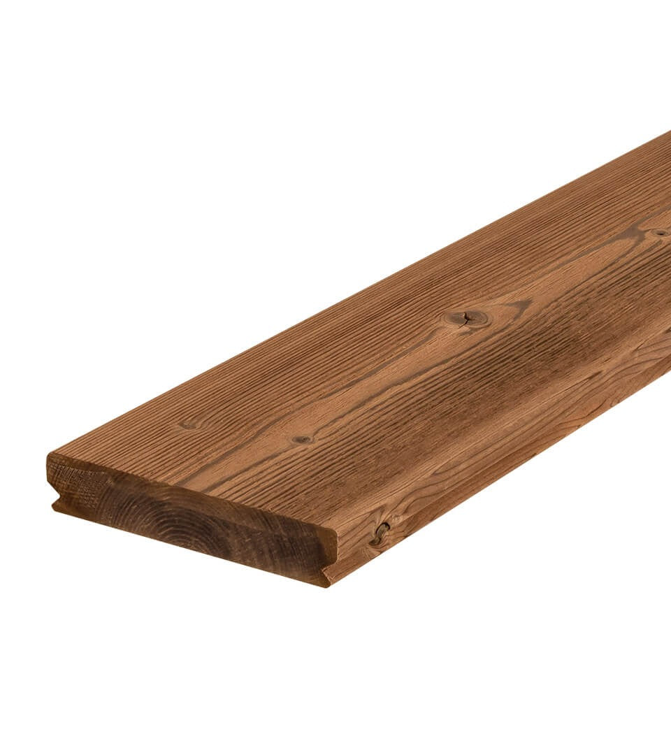 A single, smooth, brown Thermowood decking board with a tongue and groove edge, shown on a white background.