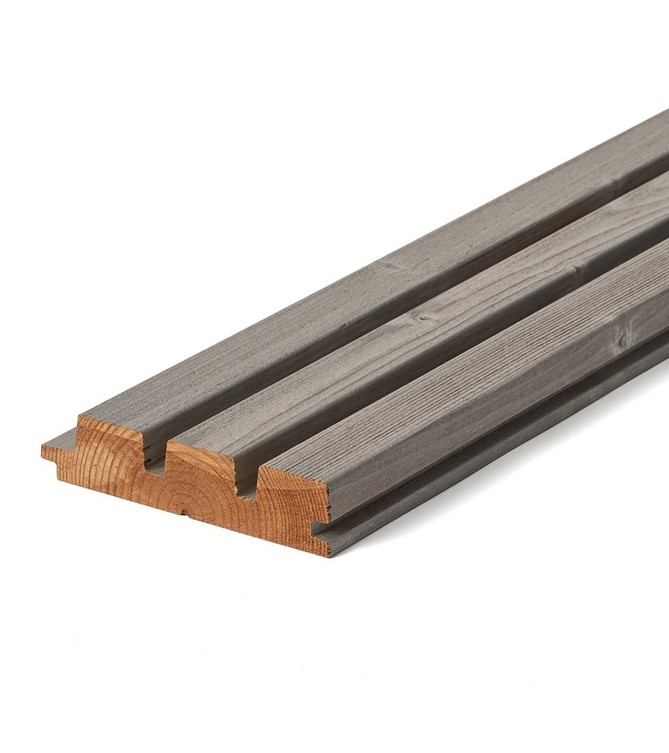 Three grooved, UV-treated Thermowood terrace boards of durable Nordic spruce, stacked on a white background.
