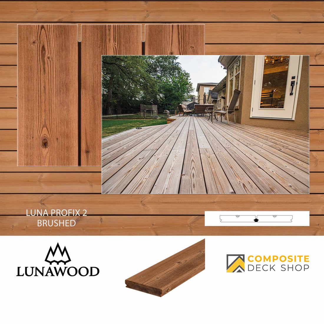 Wooden decking boards in Thermowood decking, shown on a finished deck with Lunawood and Composite Deck Shop logos.