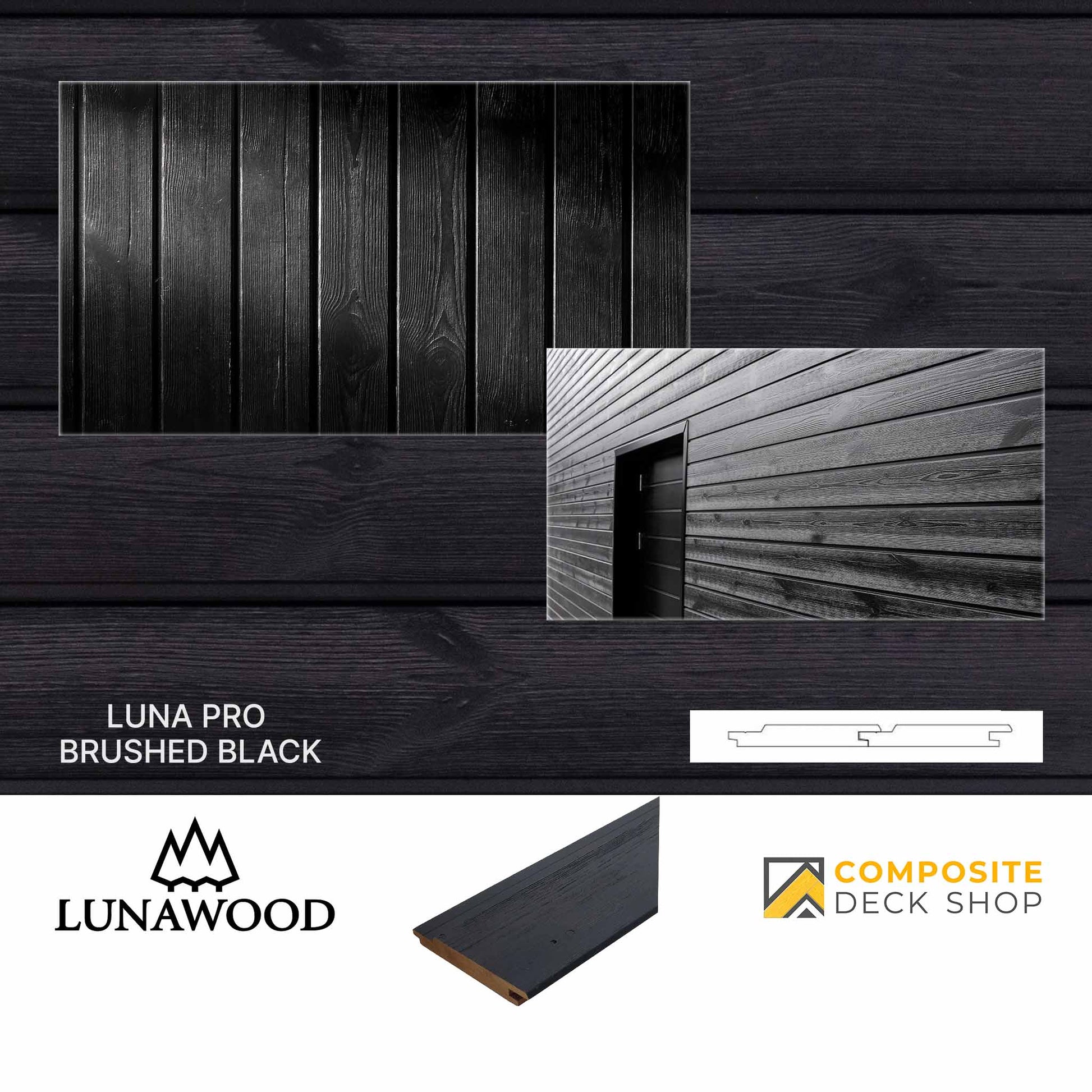 Image of Lunawood - Luna Pro Brushed Black cladding made from heat-treated Nordic spruce, featuring a close-up of the wood texture with a diagram of the cladding profile. Logos for Lunawood and Composite Deck Shop are shown below.