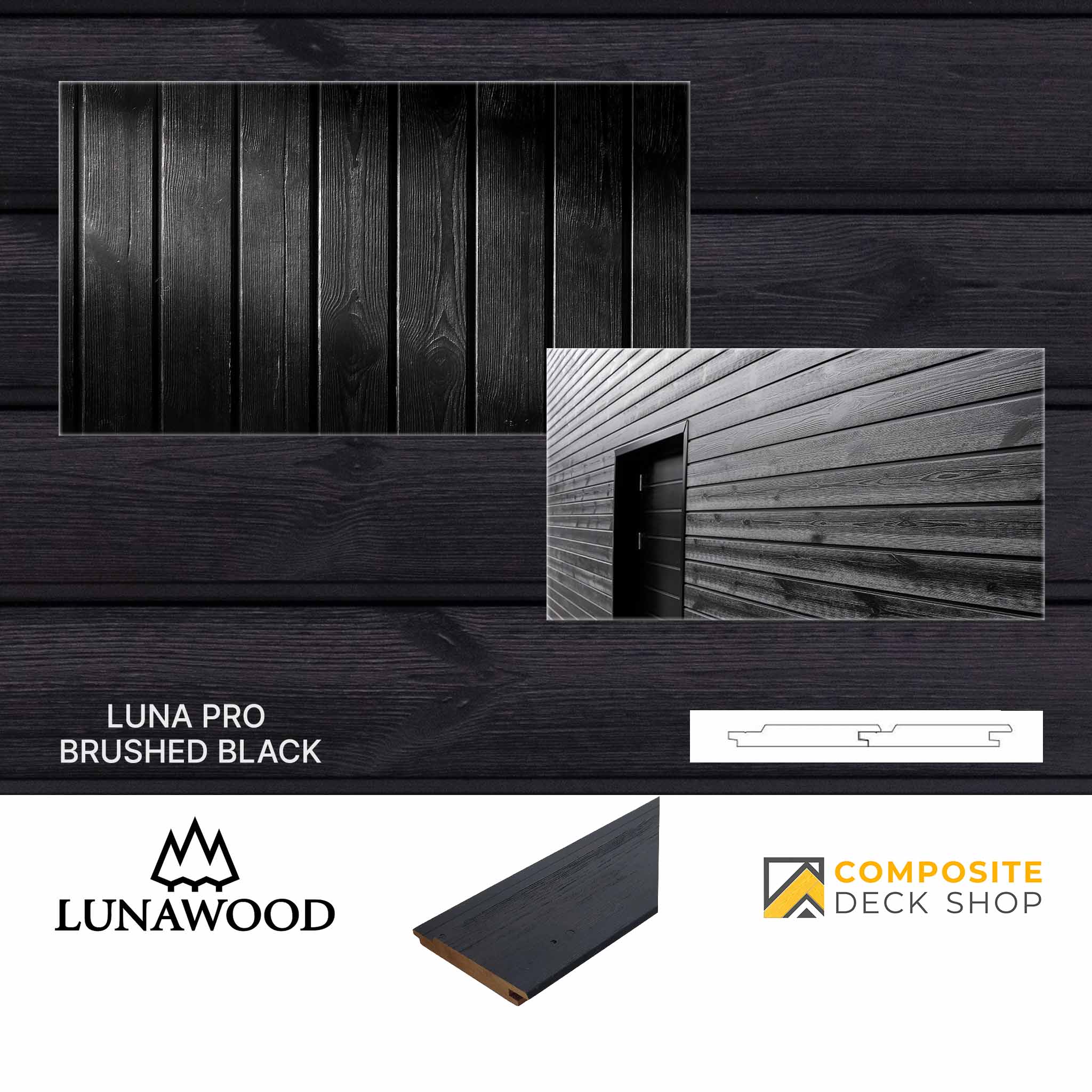 Image of Lunawood - Luna Pro Brushed Black cladding made from heat-treated Nordic spruce, featuring a close-up of the wood texture with a diagram of the cladding profile. Logos for Lunawood and Composite Deck Shop are shown below.
