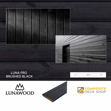 Image of Lunawood - Luna Pro Brushed Black cladding made from heat-treated Nordic spruce, featuring a close-up of the wood texture with a diagram of the cladding profile. Logos for Lunawood and Composite Deck Shop are shown below.