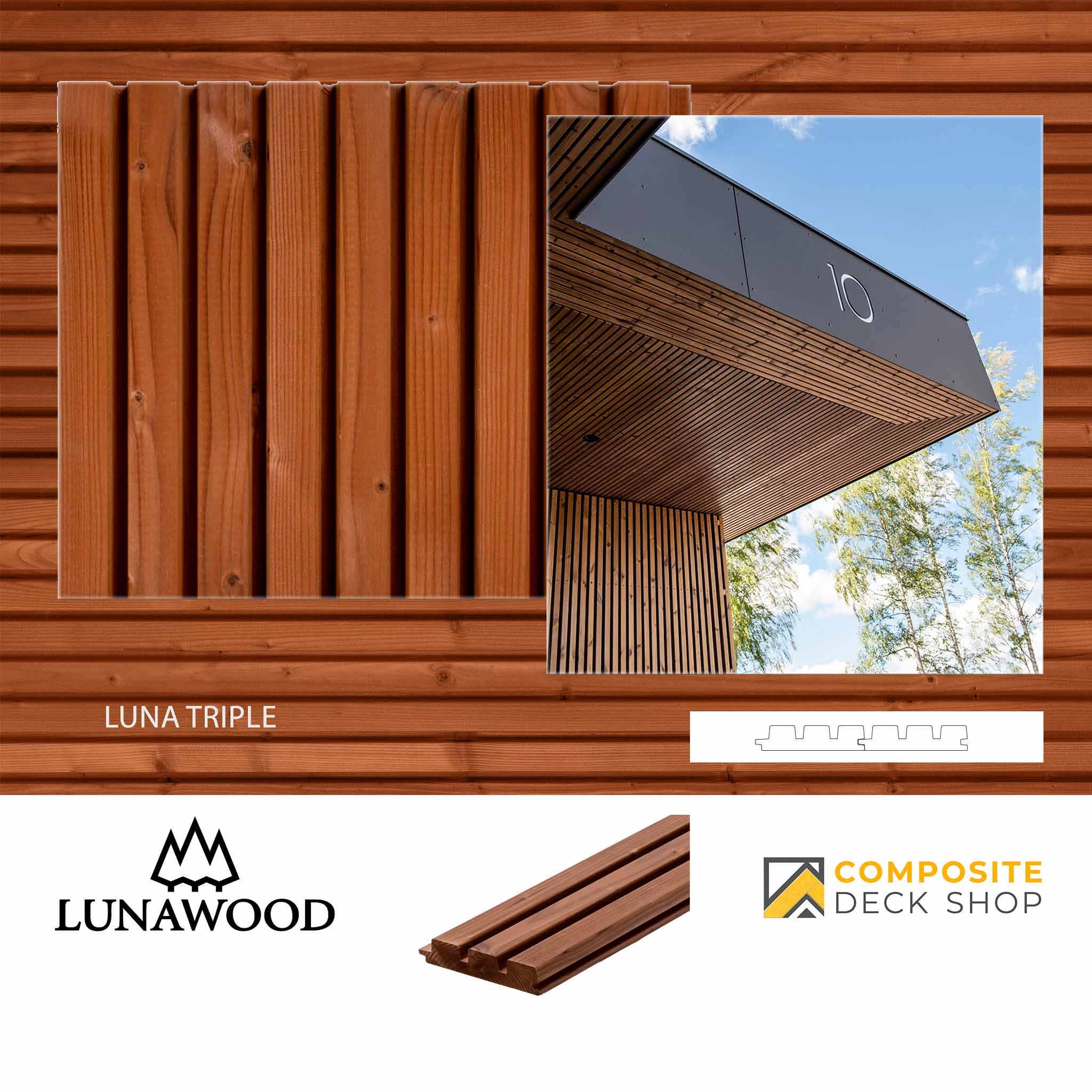Brown UV-treated wooden cladding panel, Luna Triple, made from Nordic spruce Thermowood terrace board on a modern façade.