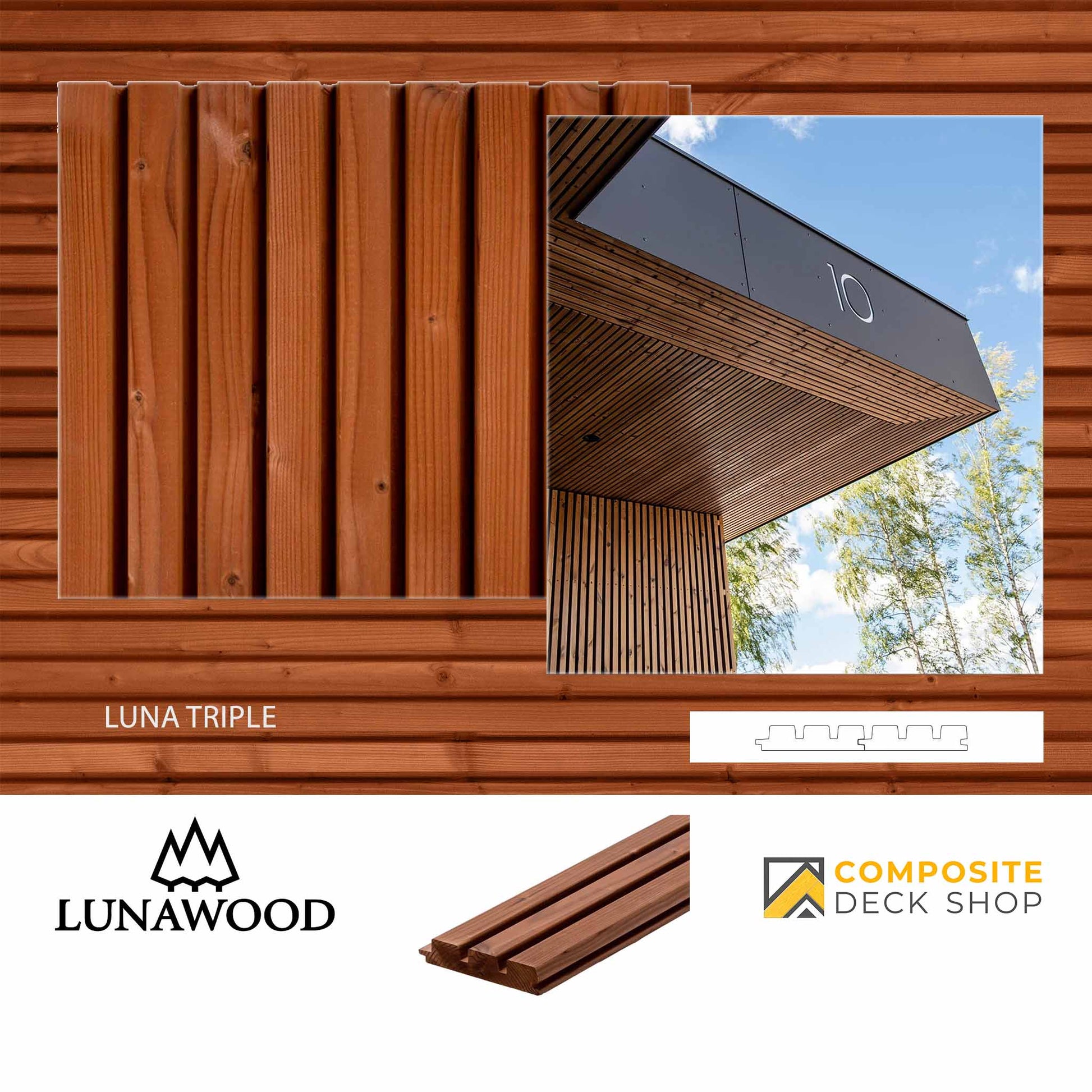 Brown UV-treated wooden cladding panel, Luna Triple, made from Nordic spruce Thermowood terrace board on a modern façade.