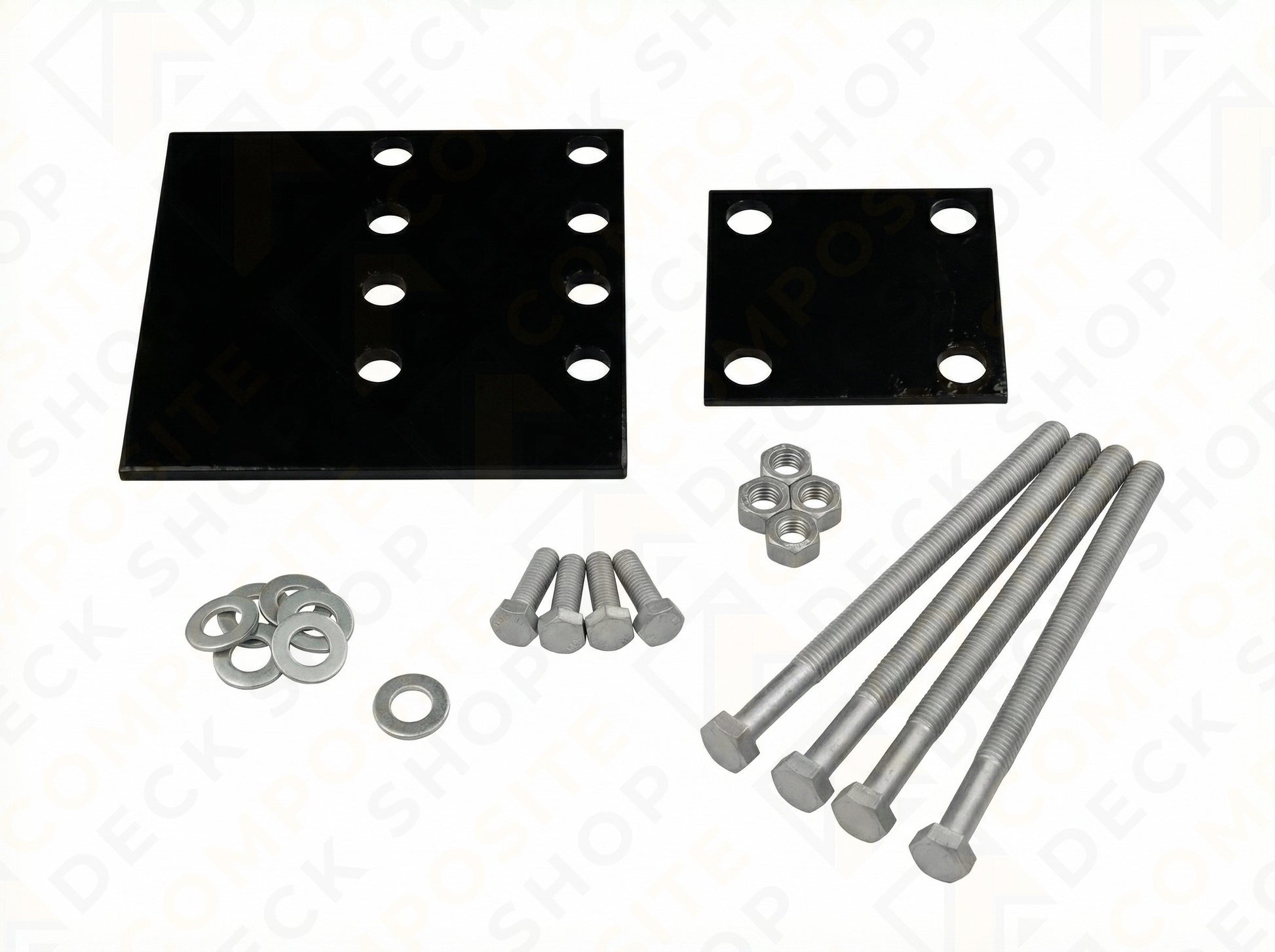 Two metal plates with bolts, washers, and nuts for use in deck applications or a TimberTech Secure-Mount Post mounting system.