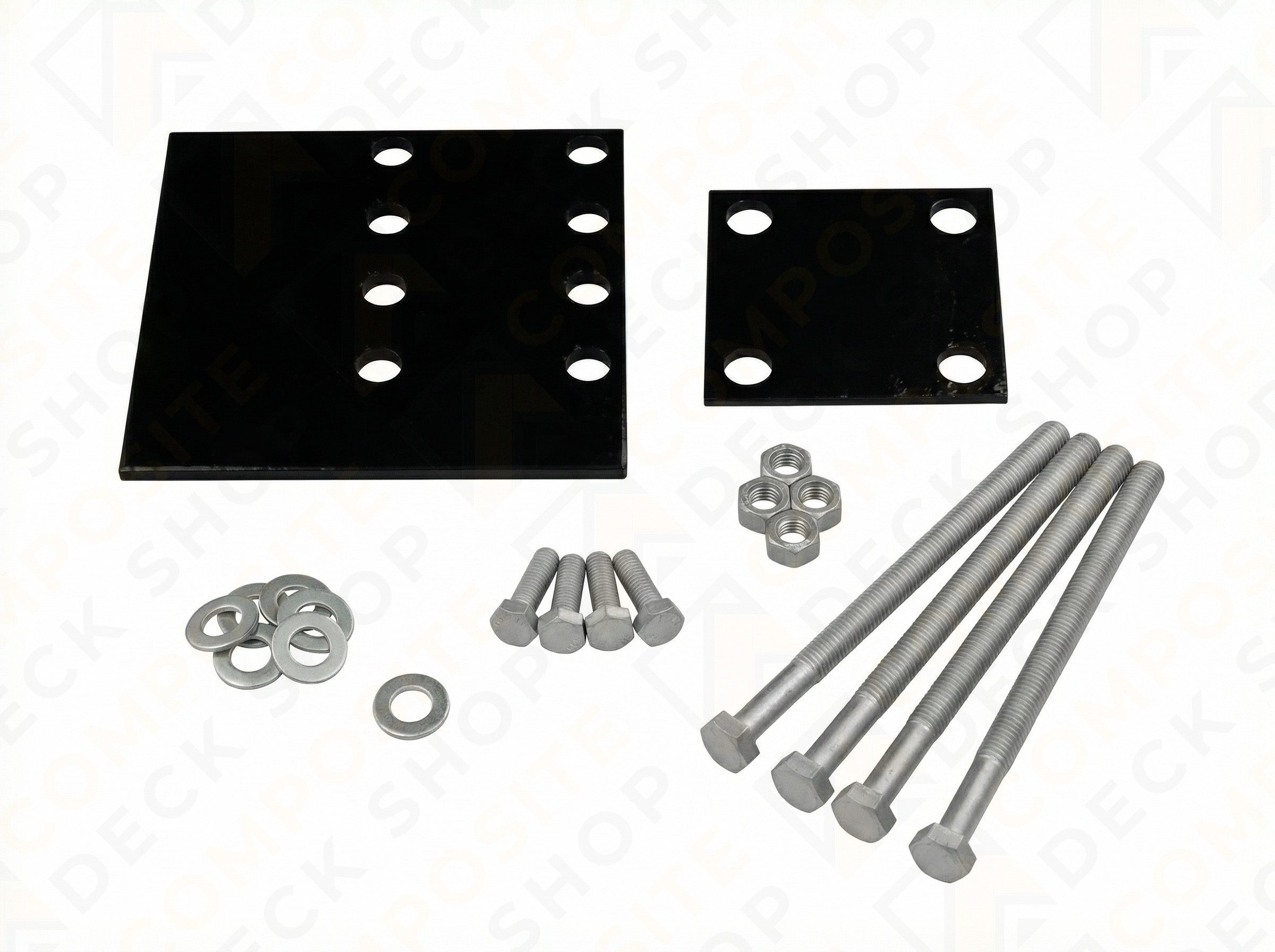 Two metal plates with bolts, washers, and nuts for use in deck applications or a TimberTech Secure-Mount Post mounting system.