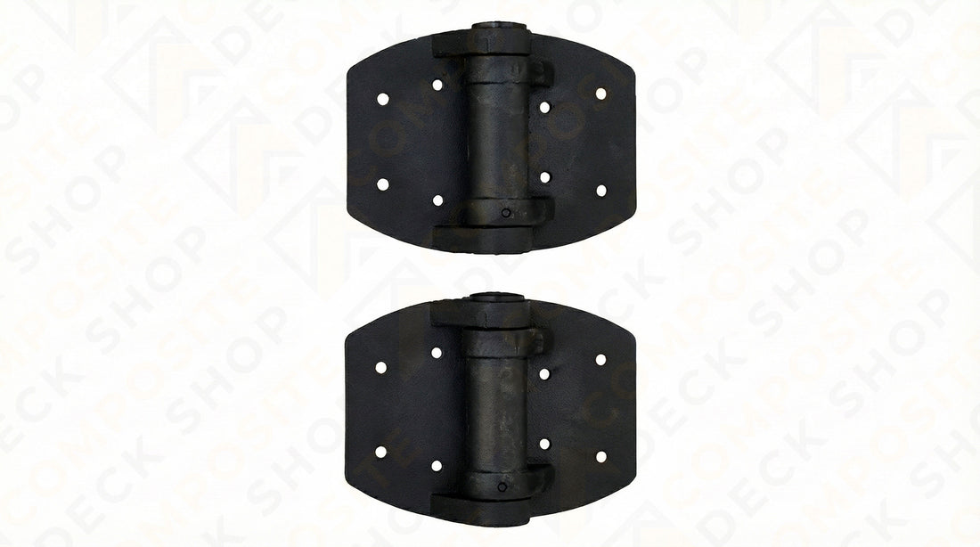 Two black metal spring-loaded gate hinges for TruNorth Slide & Go Fence gate system, each with four mounting holes per side. 