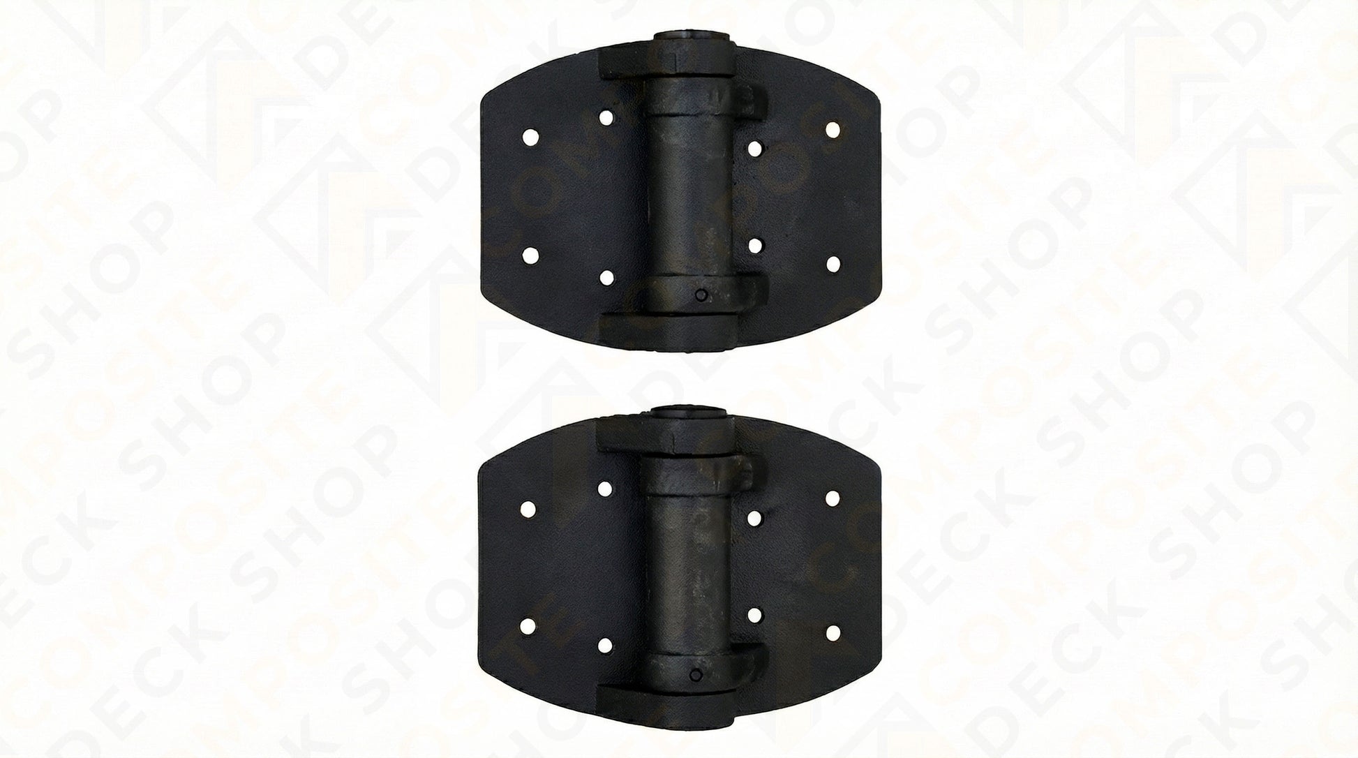 Two black metal spring-loaded gate hinges for TruNorth Slide & Go Fence gate system, each with four mounting holes per side. 