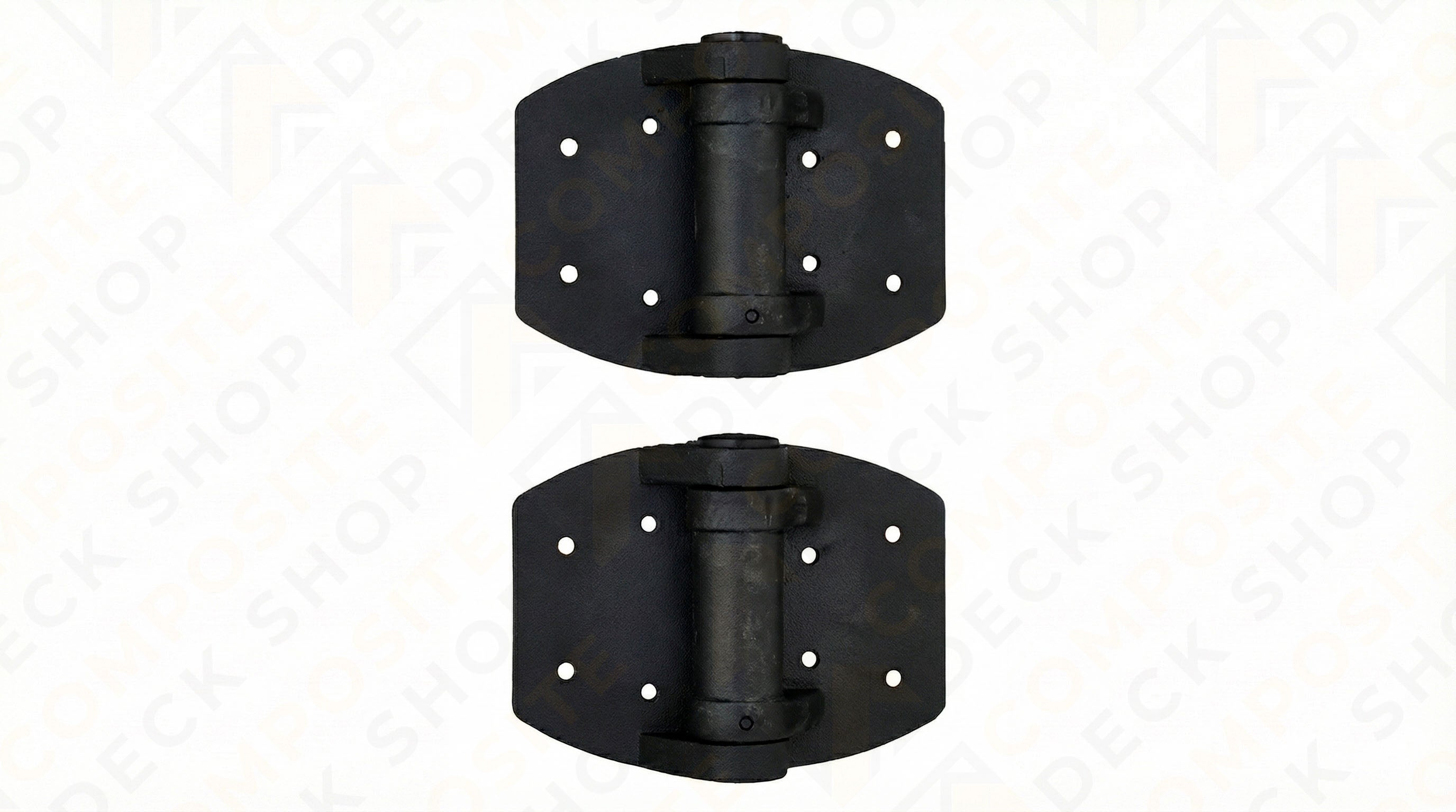 Two black metal spring-loaded gate hinges for TruNorth Slide & Go Fence gate system, each with four mounting holes per side. 