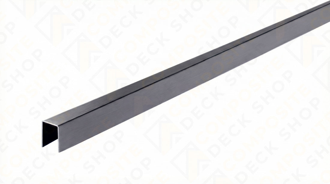 A long, straight Slide & Go Fence Horizontal Cap Rail is shown as a metallic U-channel bar on a white background.