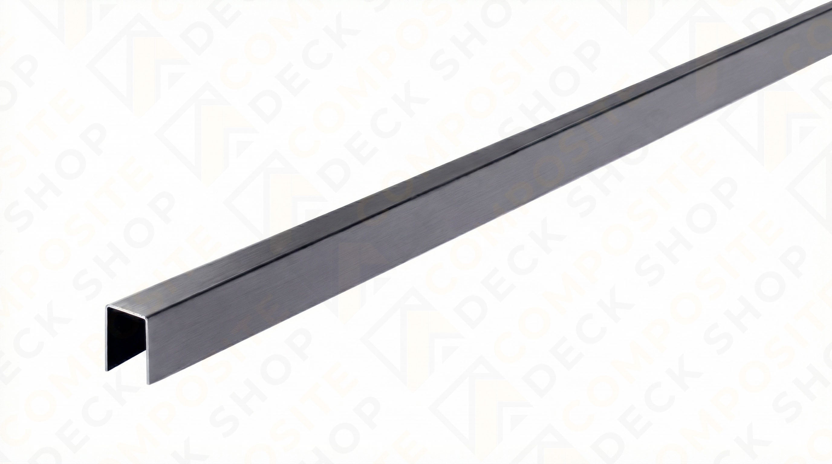 A long, straight Slide & Go Fence Horizontal Cap Rail is shown as a metallic U-channel bar on a white background.