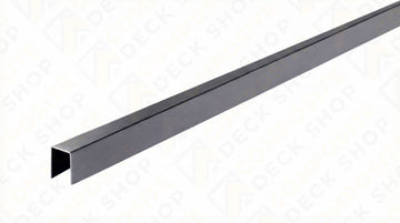 A long, straight Slide & Go Fence Horizontal Cap Rail is shown as a metallic U-channel bar on a white background.
