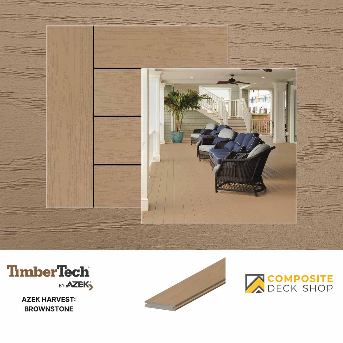Image of Azek - Harvest in Brownstone Colour, featuring a patio with wicker seating and a plant, inset on a brown deck pattern. TimberTech and Composite Deck Shop logos are at the bottom, along with a sample deck board image.