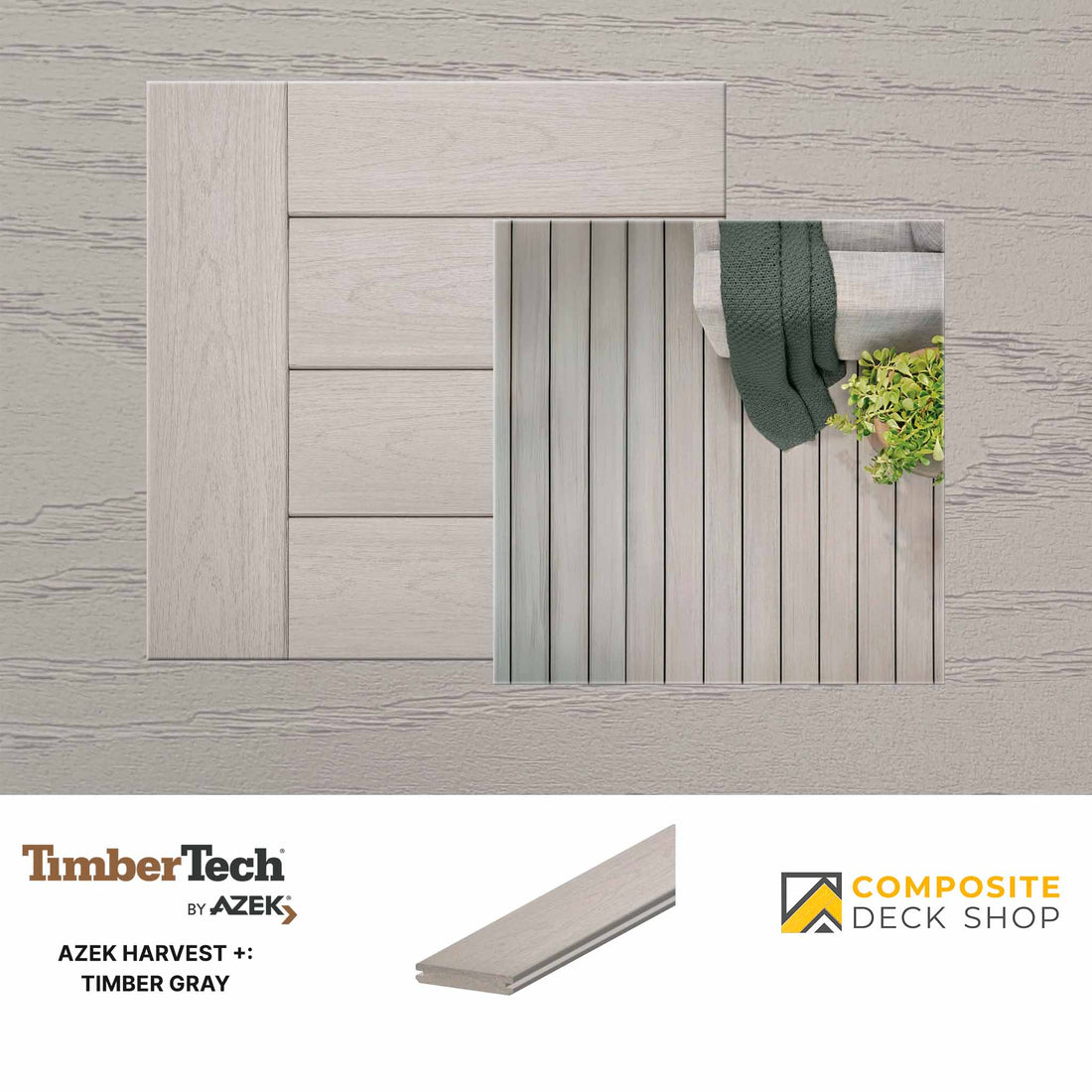 A TimberTech AZEK Harvest decking sample in Toasted Wheat, showcasing premium wood finishes and composite decking branding.