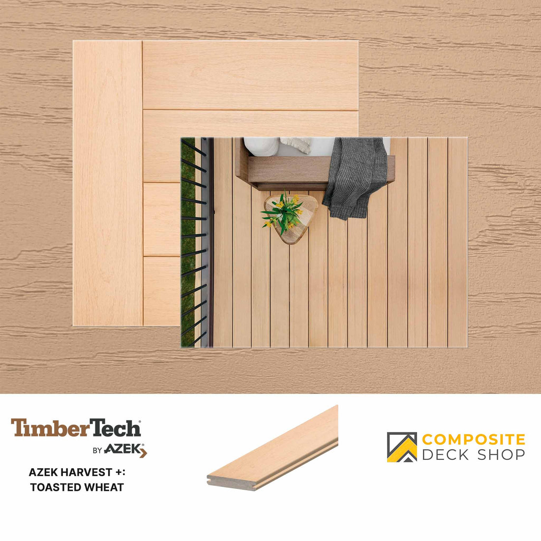 A TimberTech AZEK Harvest decking sample in Toasted Wheat, showcasing premium wood finishes and composite decking branding.