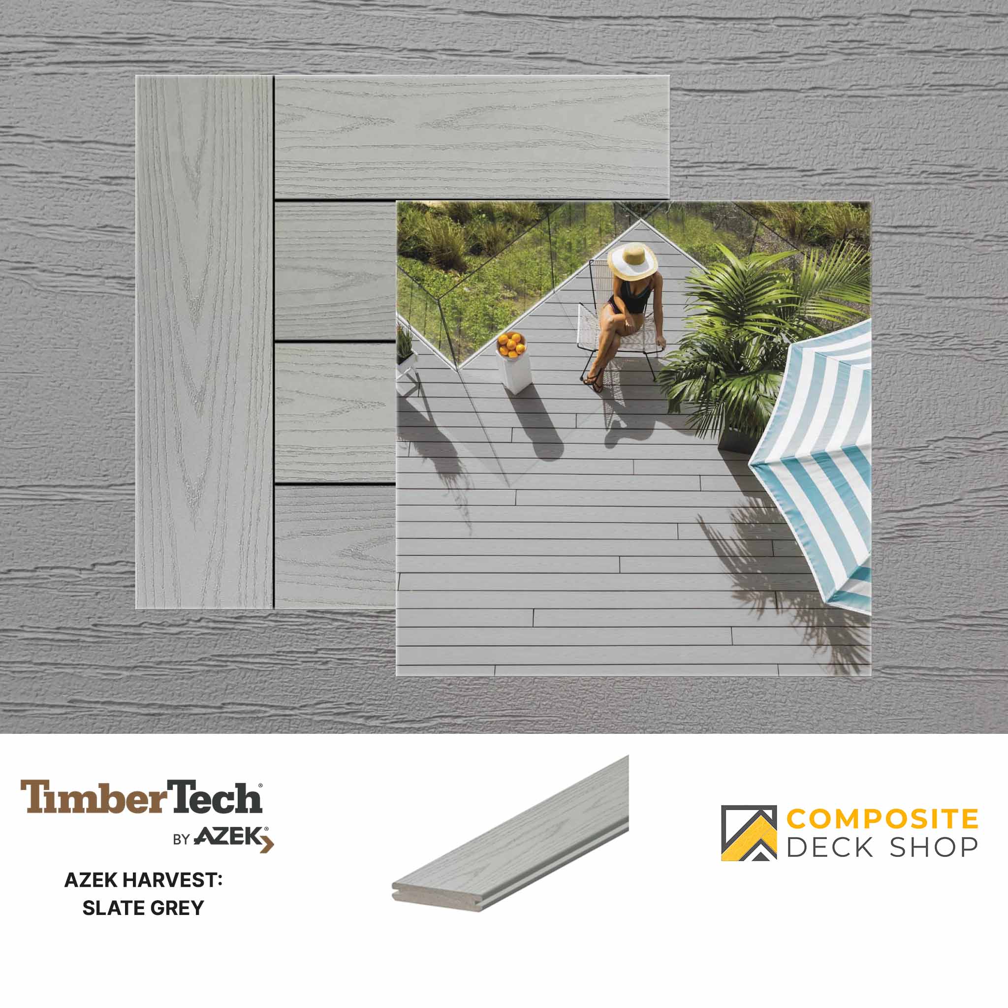 Discover the Azek - Harvest collection with a composite deck sample in slate grey, featuring a relaxing scene of a person in a hat by a striped umbrella. Explore this premium option at the Composite Deck Shop.