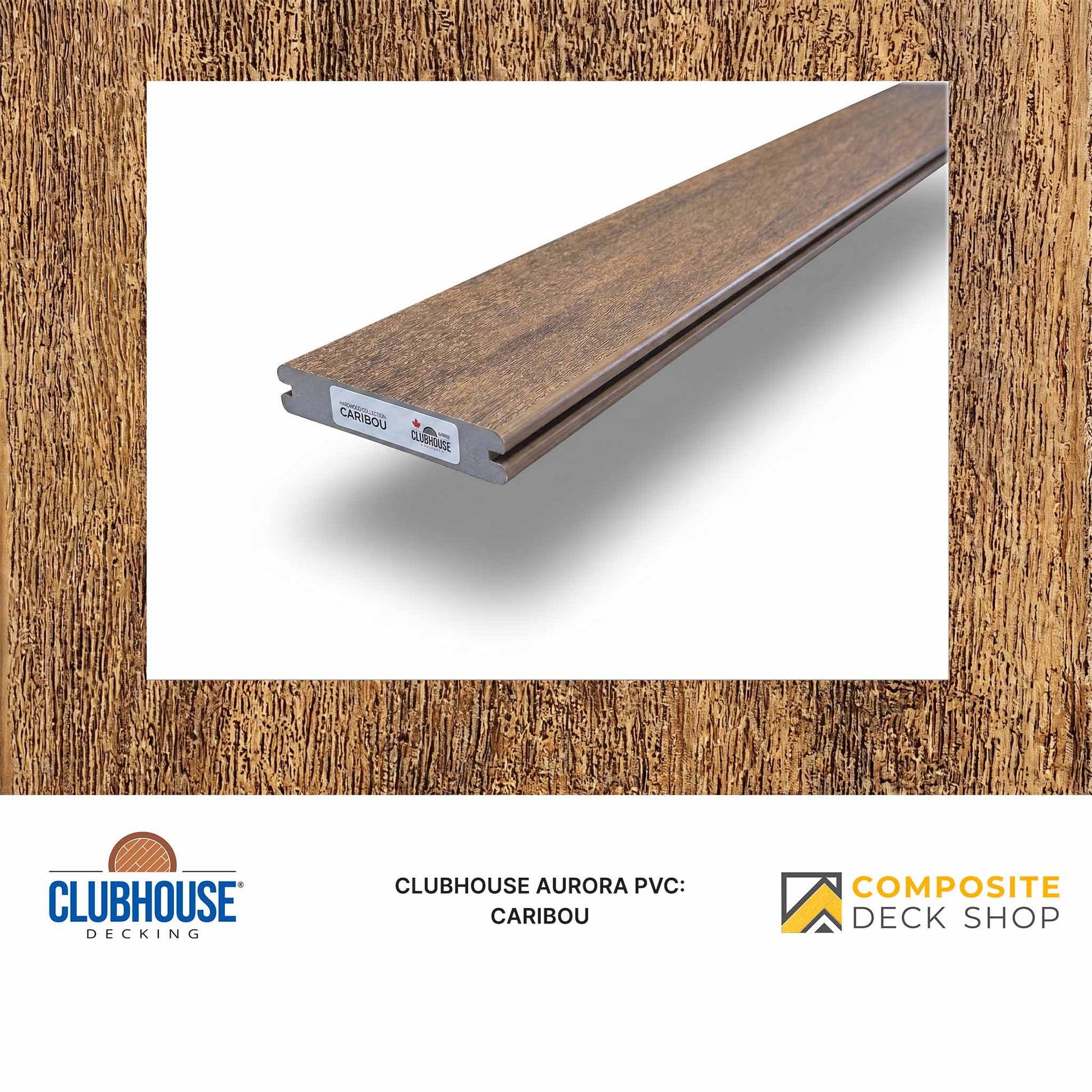 A single Clubhouse Aurora PVC deck board in Caribou finish, featuring a reclaimed-wood look on a white background.