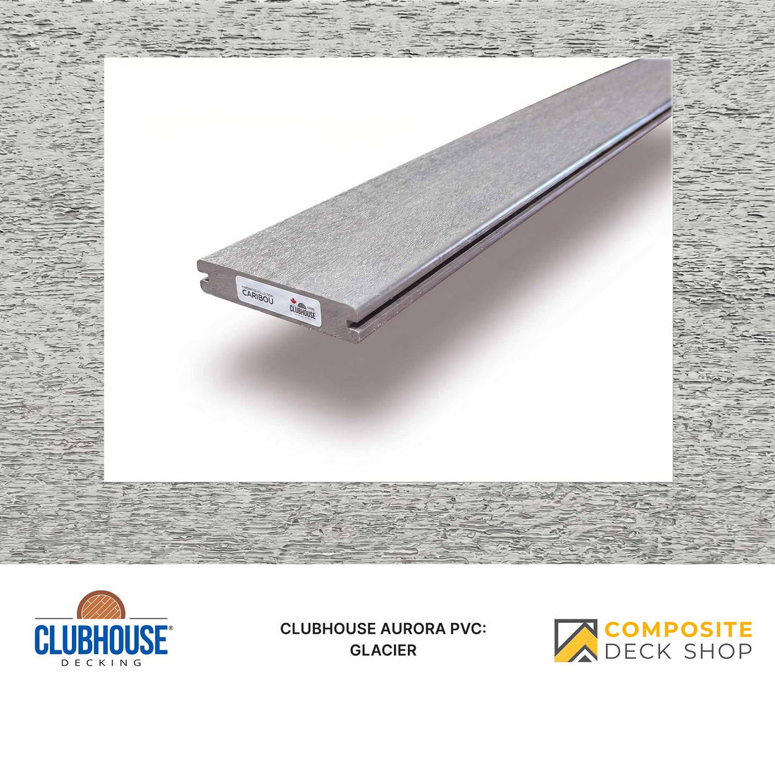 A single gray Clubhouse Aurora PVC decking board with a reclaimed-wood look, labeled Grizzly on a white background.