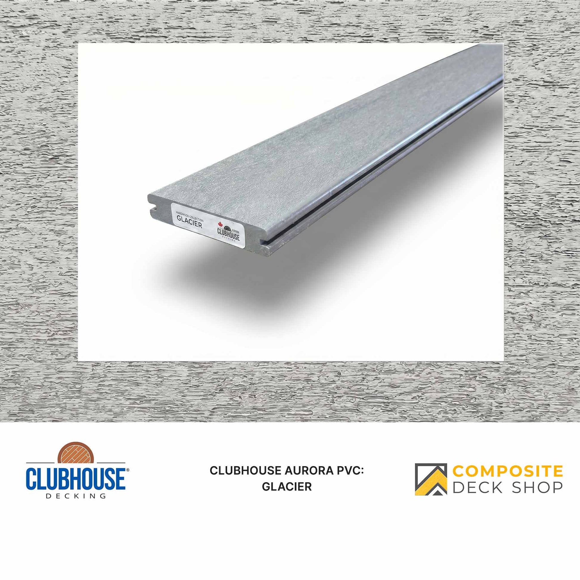 PVC decking strip with Clubhouse Decking and Composite Deck Shop logos on a gray background