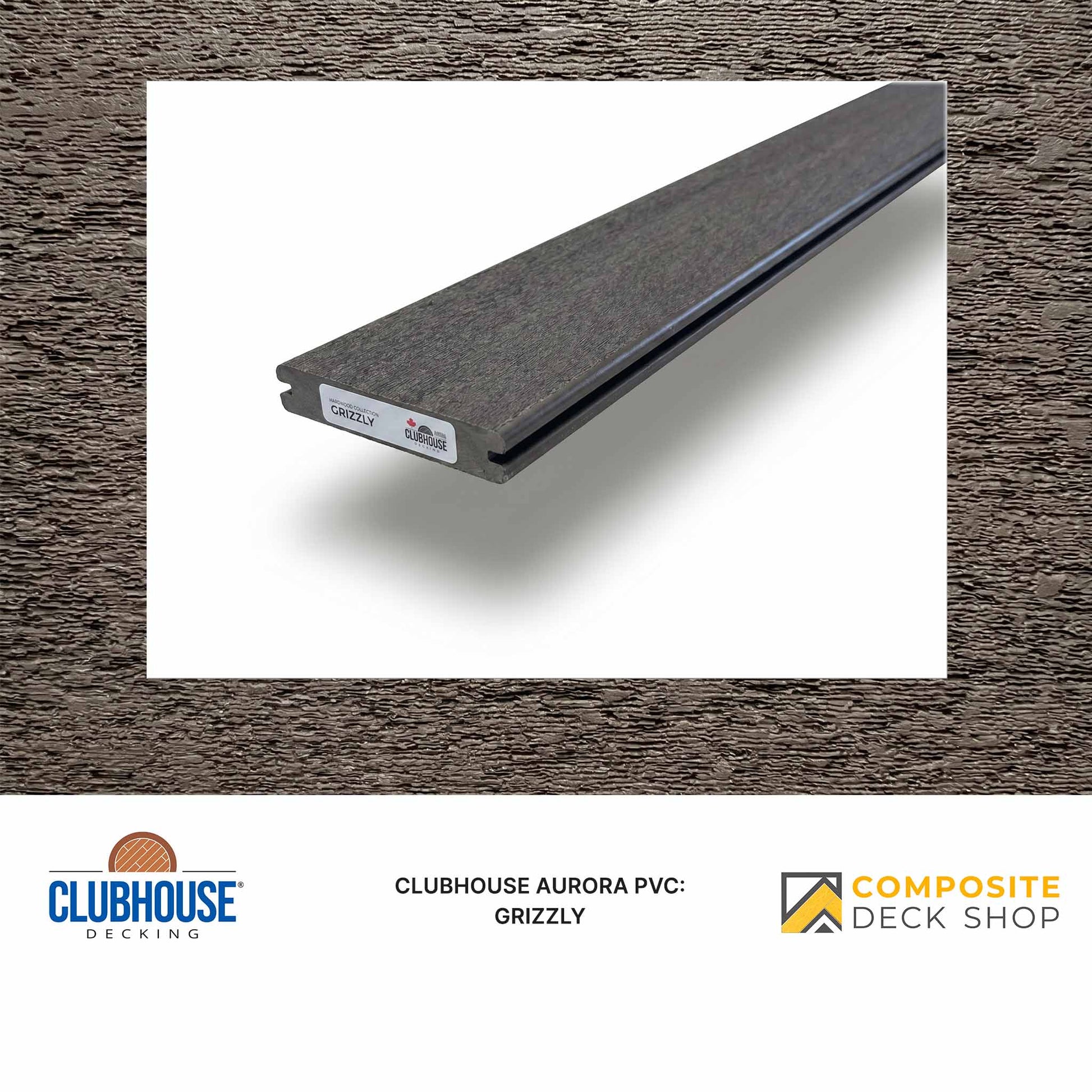 A single gray Clubhouse Aurora PVC decking board with a reclaimed-wood look, labeled Grizzly on a white background.