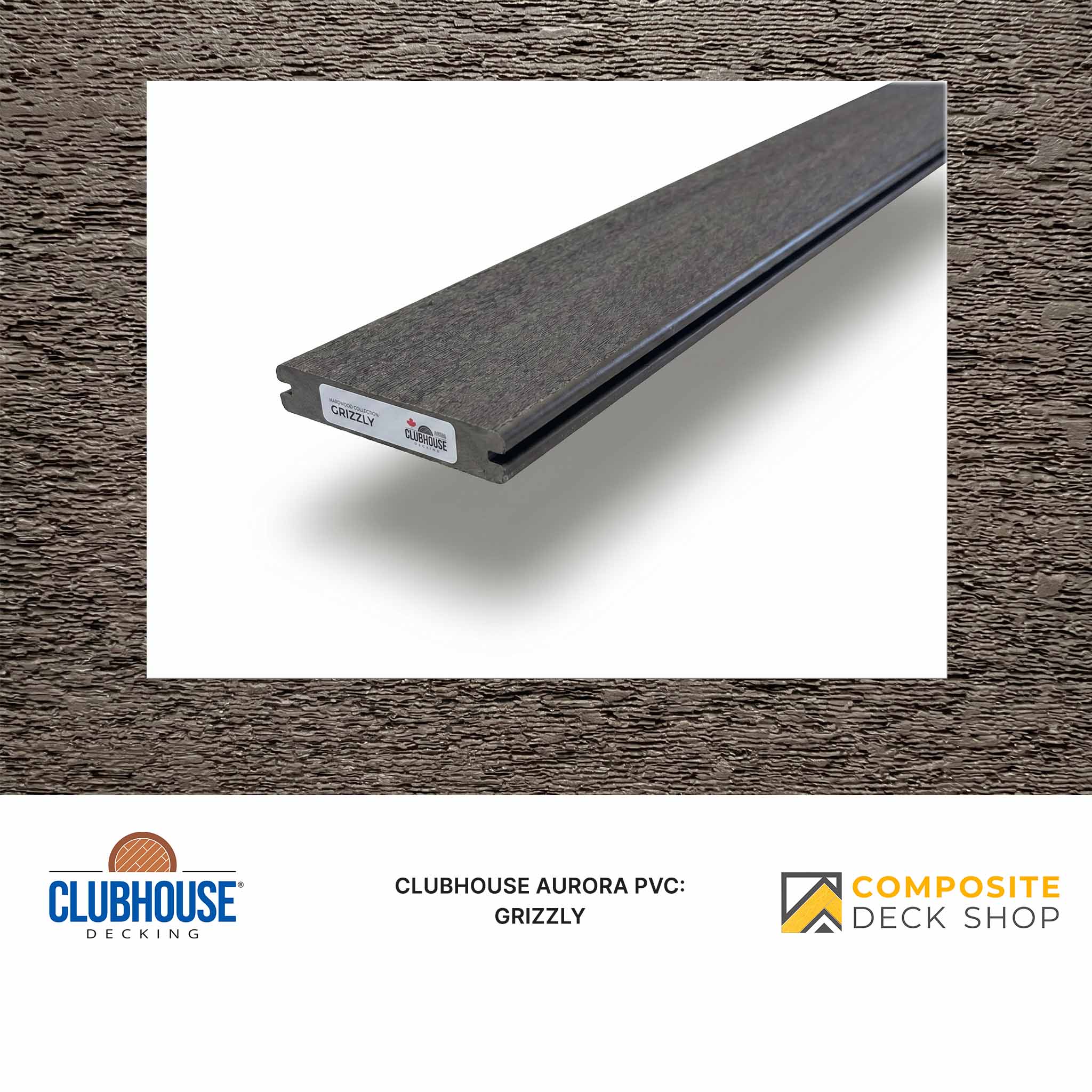 A single gray Clubhouse Aurora PVC decking board with a reclaimed-wood look, labeled Grizzly on a white background.