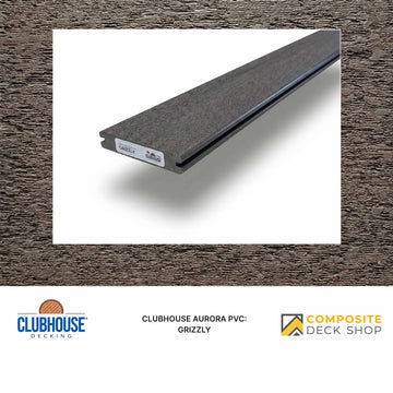 A single gray Clubhouse Aurora PVC decking board with a reclaimed-wood look, labeled Grizzly on a white background.