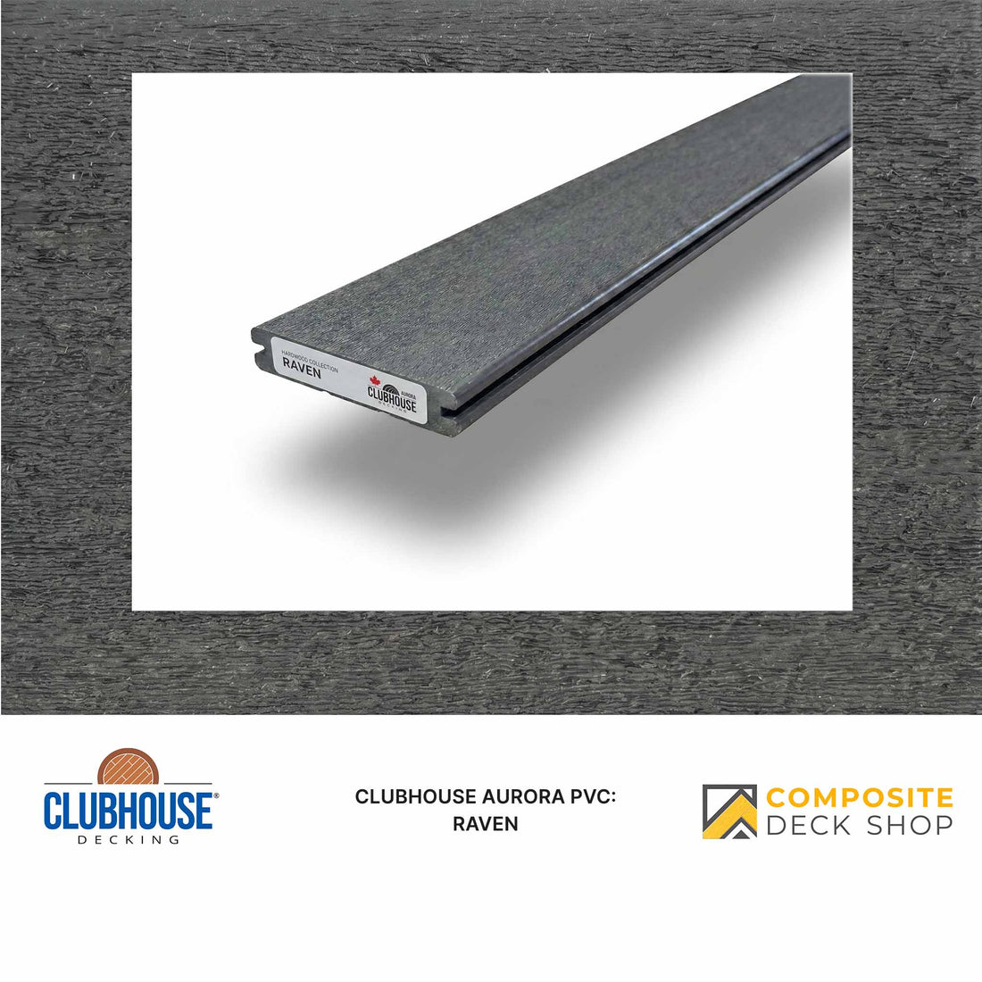 A single gray Clubhouse Aurora PVC decking board with a reclaimed-wood look, labeled Grizzly on a white background.