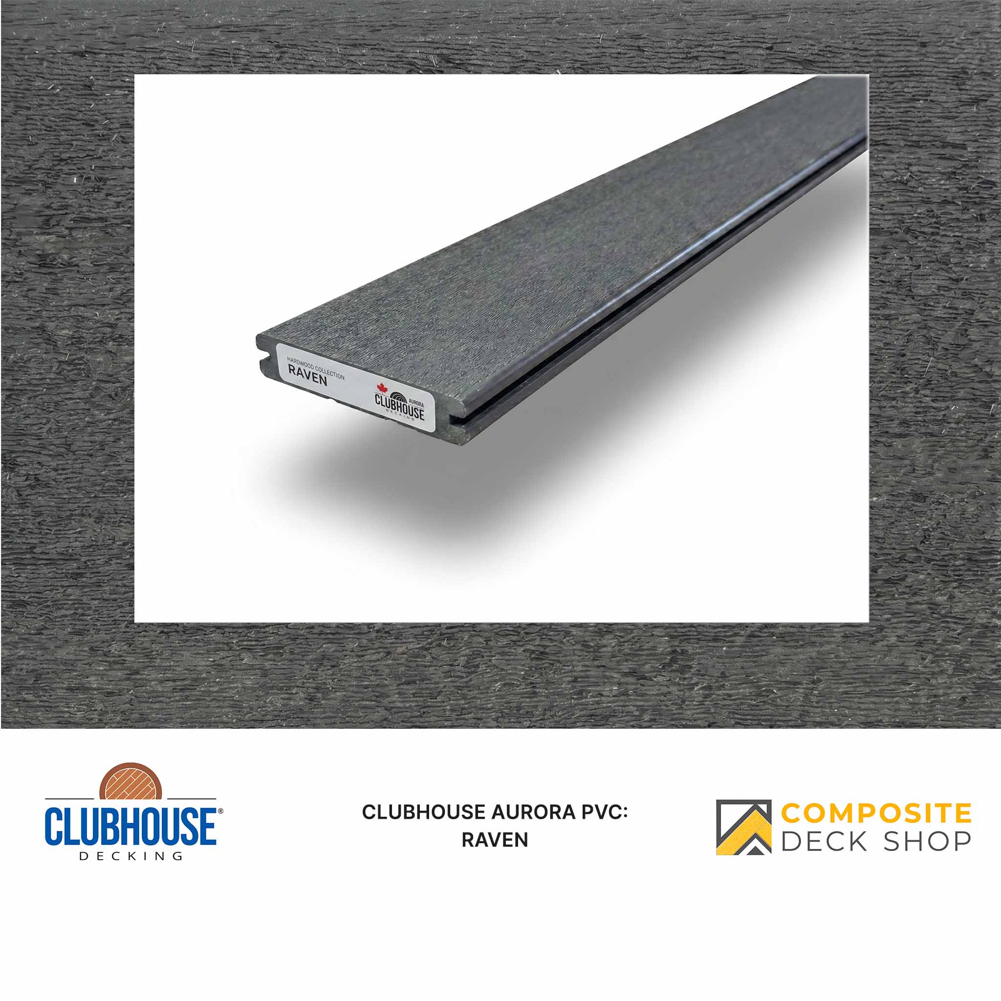A single Clubhouse Aurora PVC Decking board in Raven, featuring a reclaimed-wood look on a gray wood-textured background.