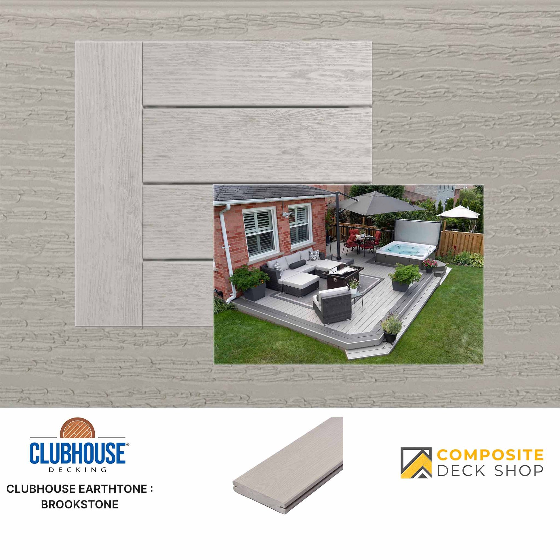 Clubhouse Decking Brookstone decking sample with outdoor patio setup on a wooden background.