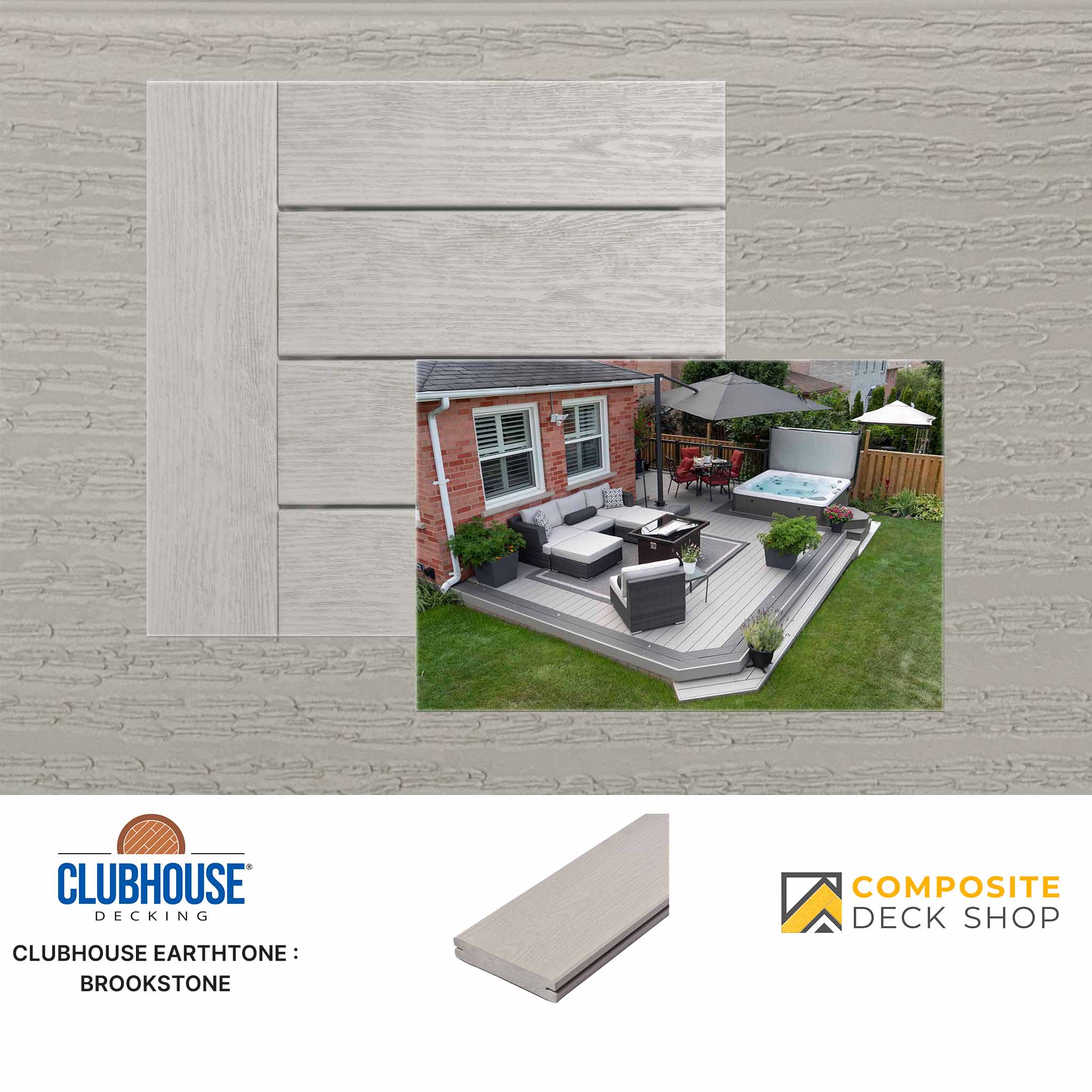 Clubhouse Decking Brookstone decking sample with outdoor patio setup on a wooden background.