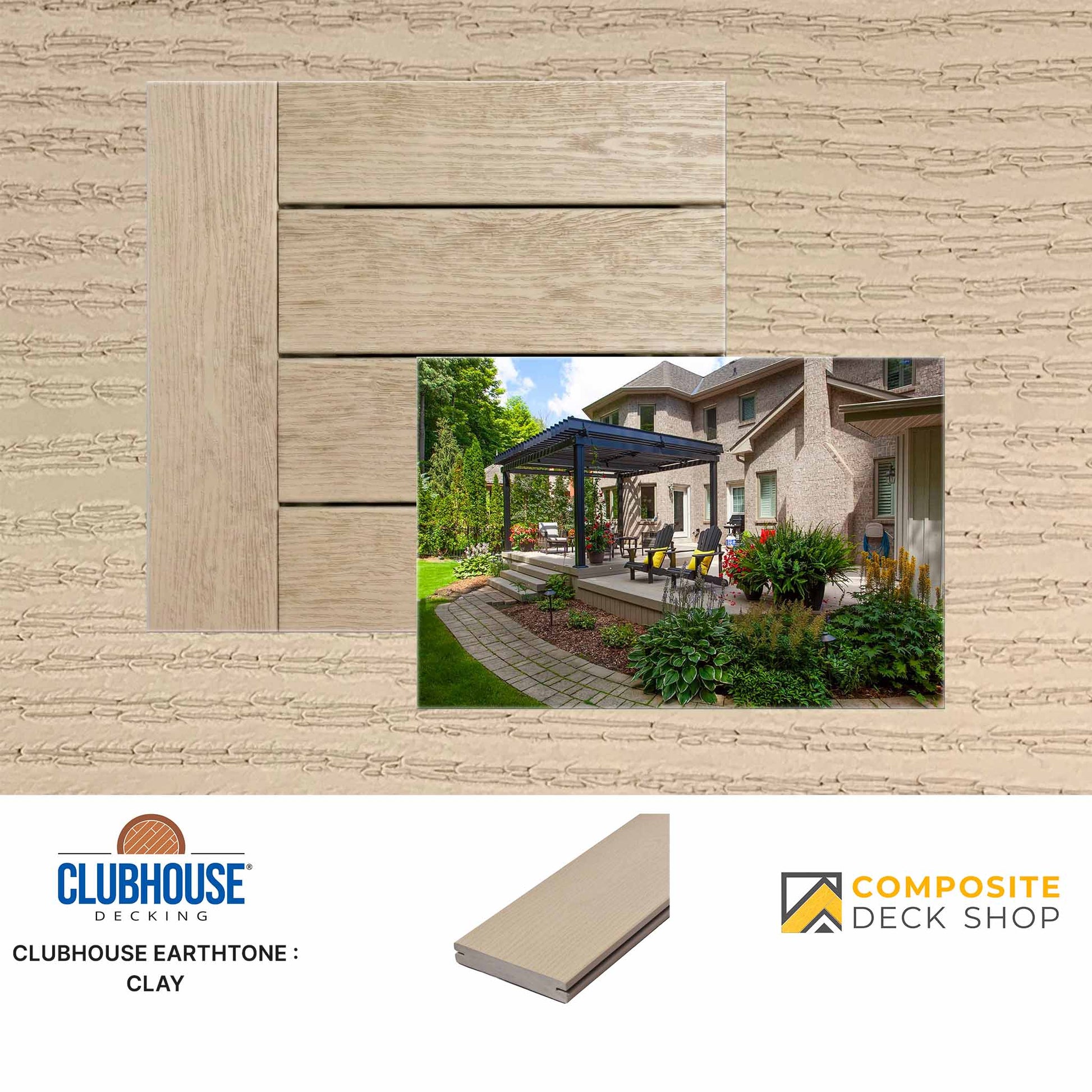 Clubhouse Decking Earthtone Clay decking panels with a backyard scene and brand logos.