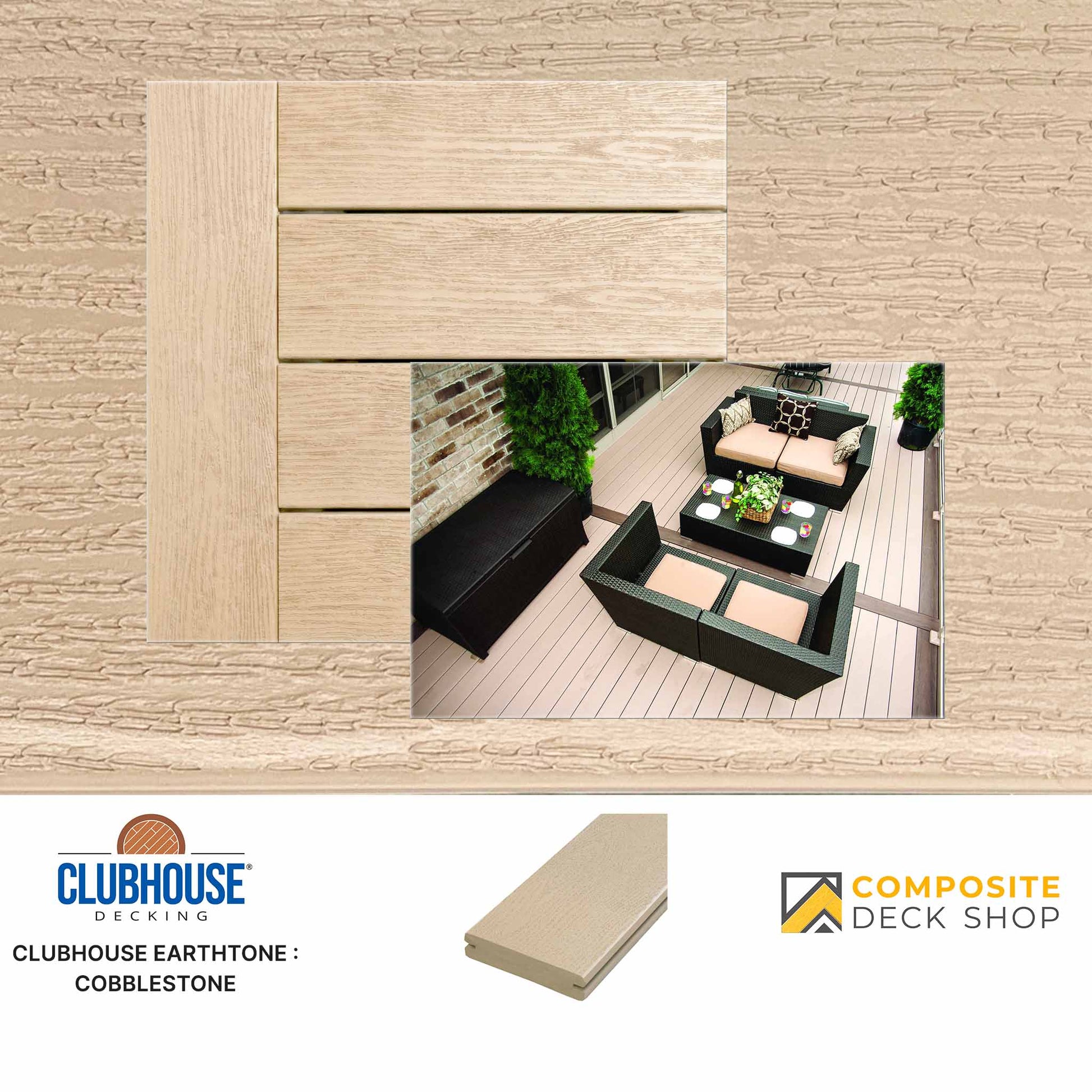 Clubhouse Decking Earthtone Cobblestone decking panels with outdoor furniture on a deck.