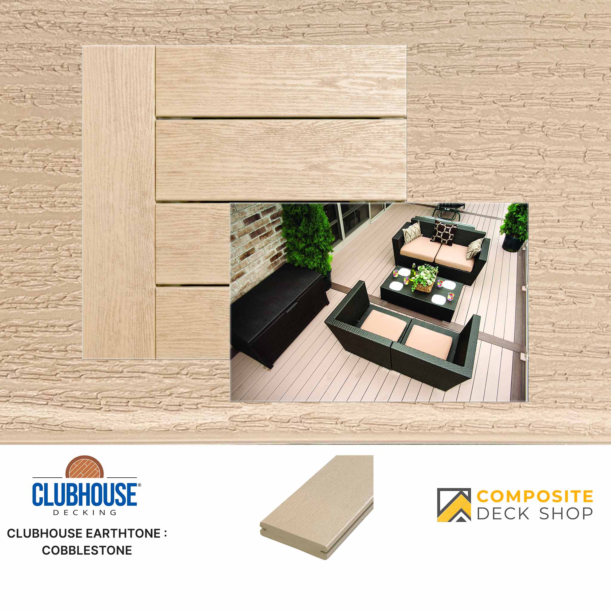 Clubhouse Decking Earthtone Cobblestone decking panels with outdoor furniture on a deck.