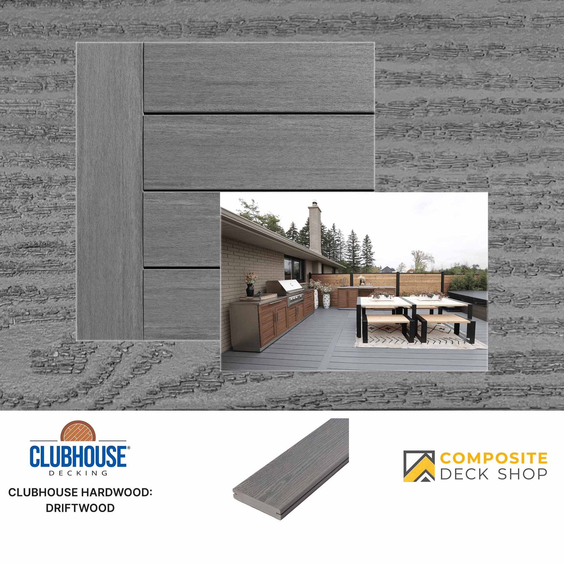 Gray Clubhouse PVC Decking sample, labeled Driftwood, shown as splinter-free boards in an outdoor patio installation.
