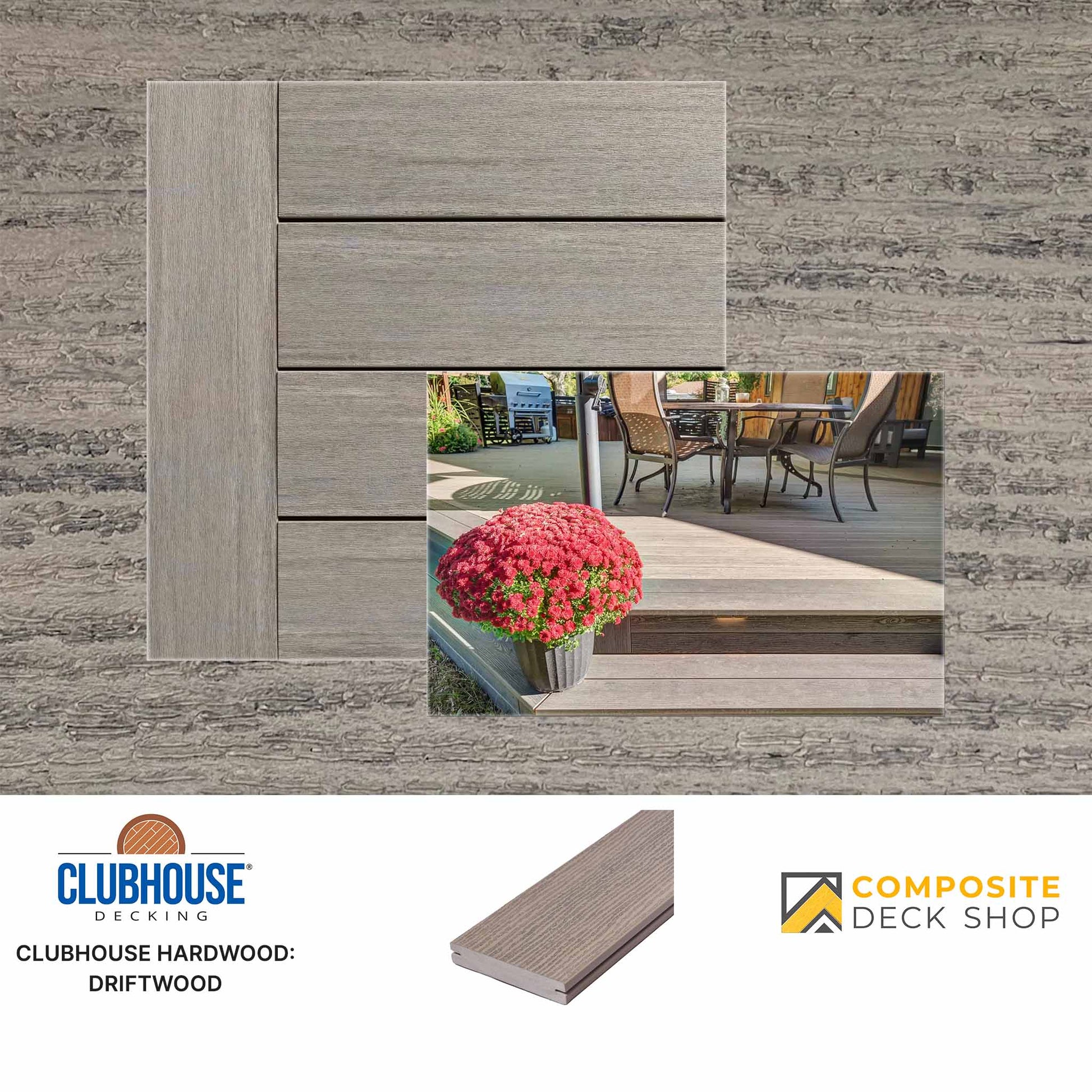 Sample of Clubhouse Driftwood eco-friendly decking with close-up installed view, product logos, and a single splinter-free board.