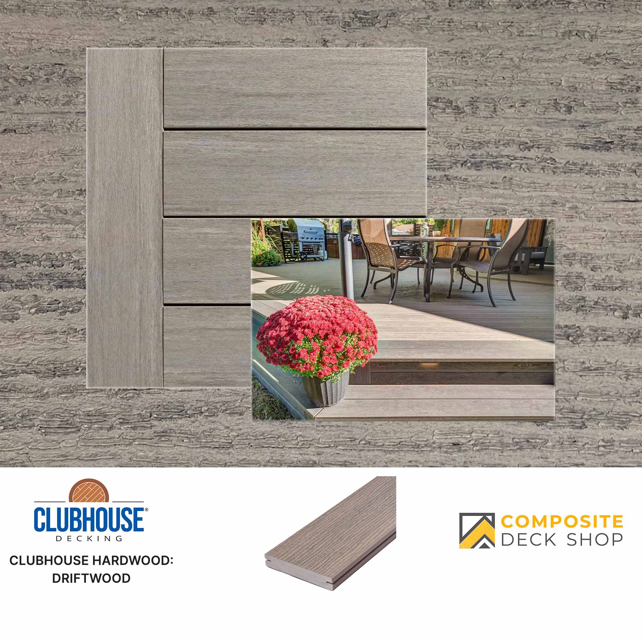 Sample of Clubhouse Driftwood eco-friendly decking with close-up installed view, product logos, and a single splinter-free board.