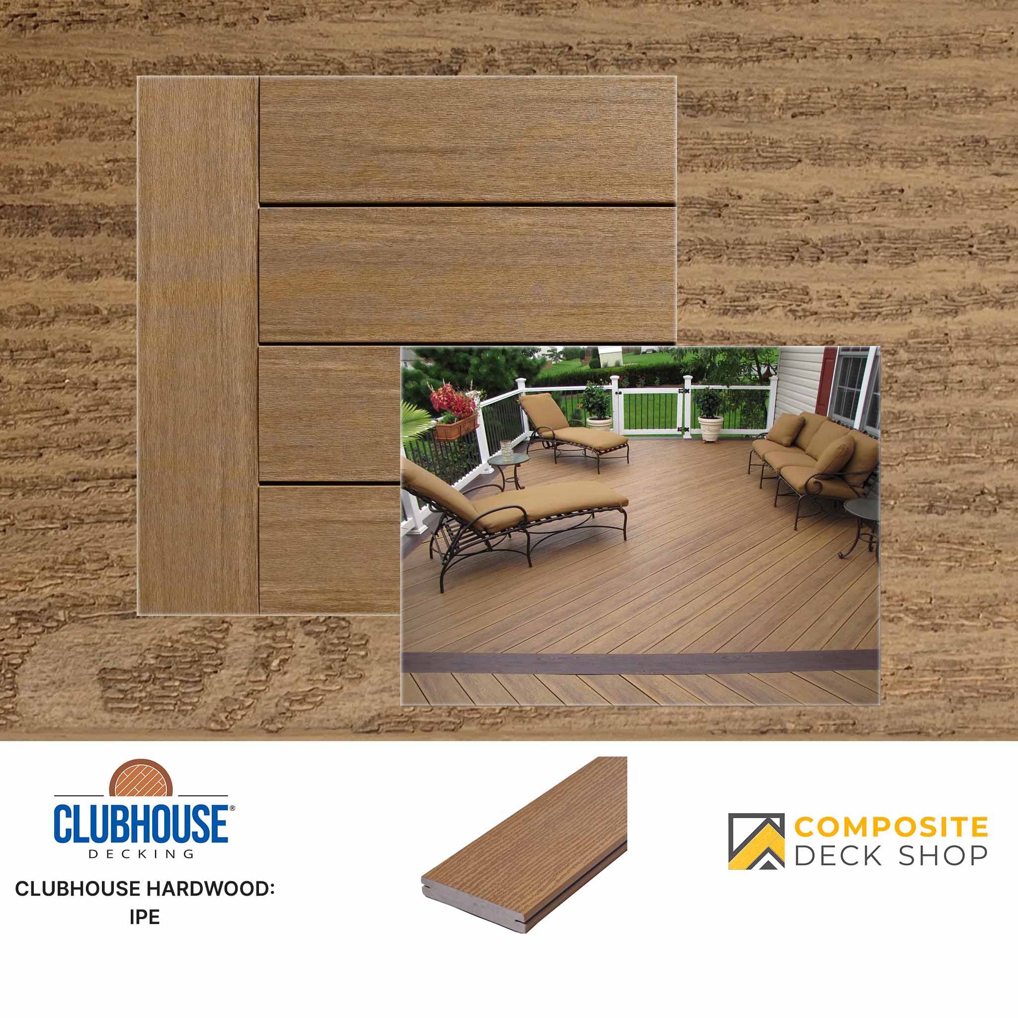 Sample splinter-free boards of Clubhouse Driftwood PVC Decking with installed photo and brand logos.