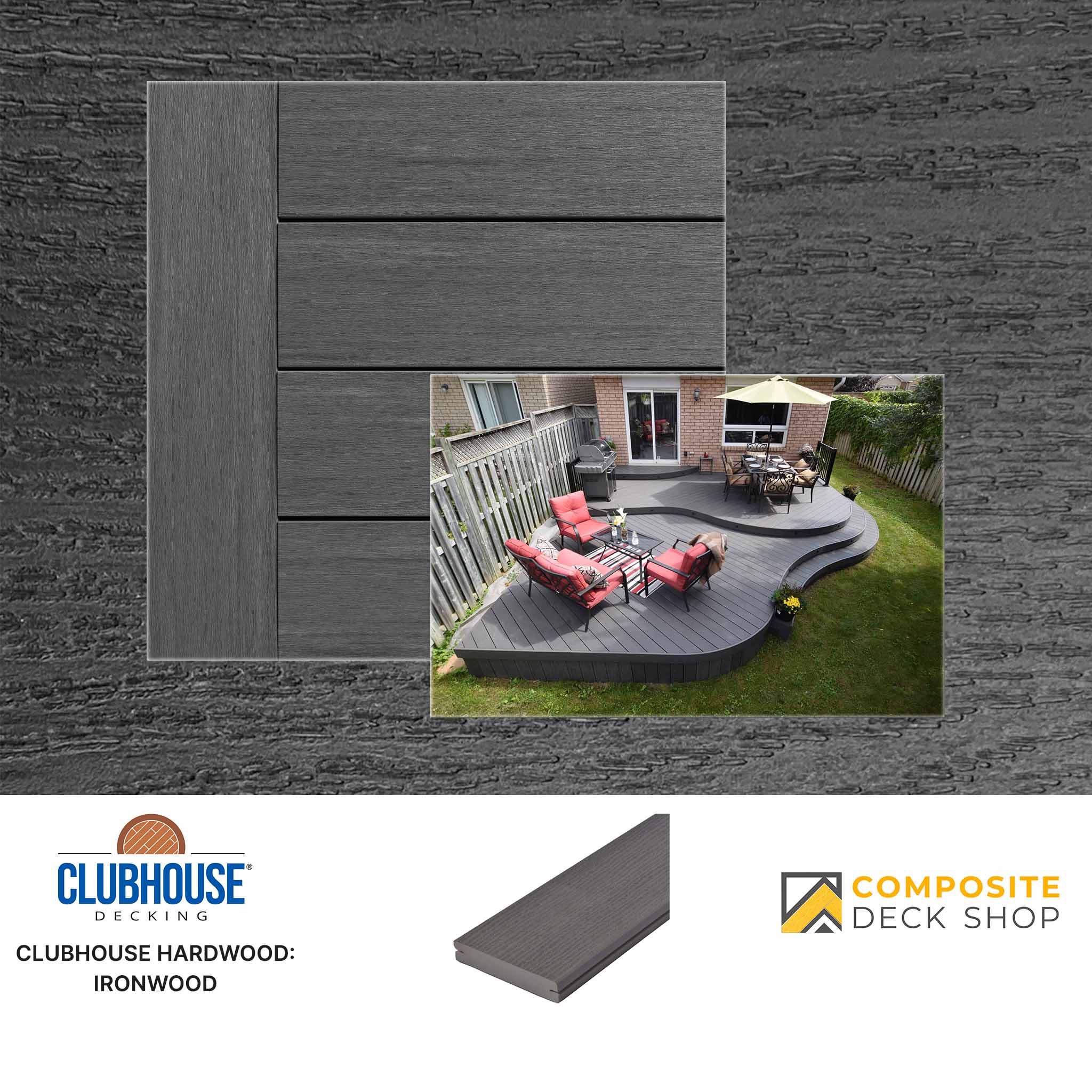 Sample of Clubhouse Ironwood PVC decking with a backyard photo featuring gray curved boards, patio furniture, and lifetime warranty.