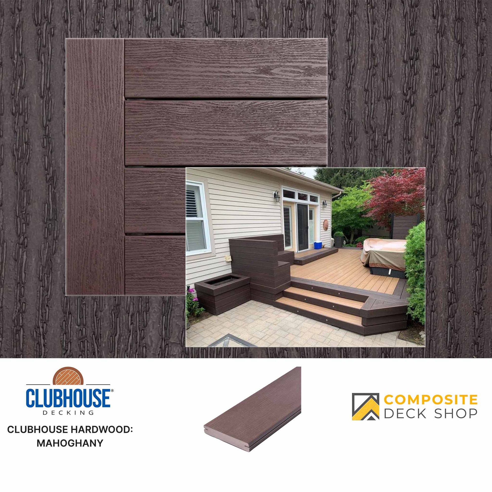 Clubhouse Decking Mahogany hardwood panels with a deck and house in the background, featuring Composite Deck Shop branding.