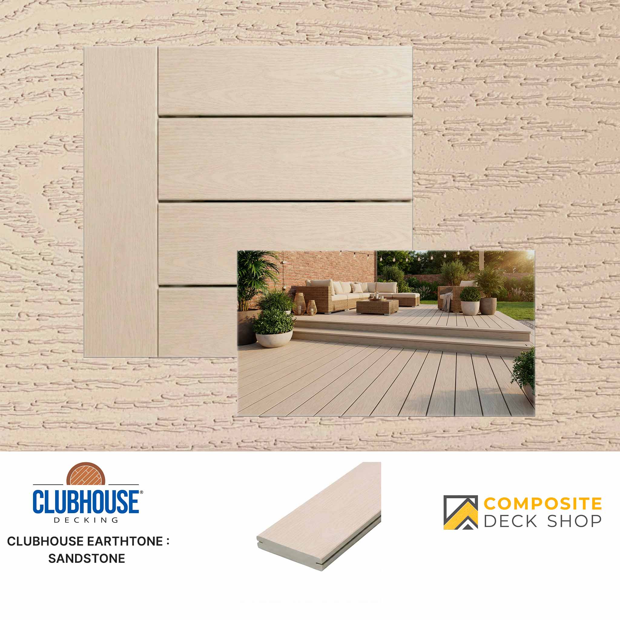 Sample of Clubhouse Earthtone Sandstone PVC decking with a photo of a splinter-free outdoor deck and branded details.