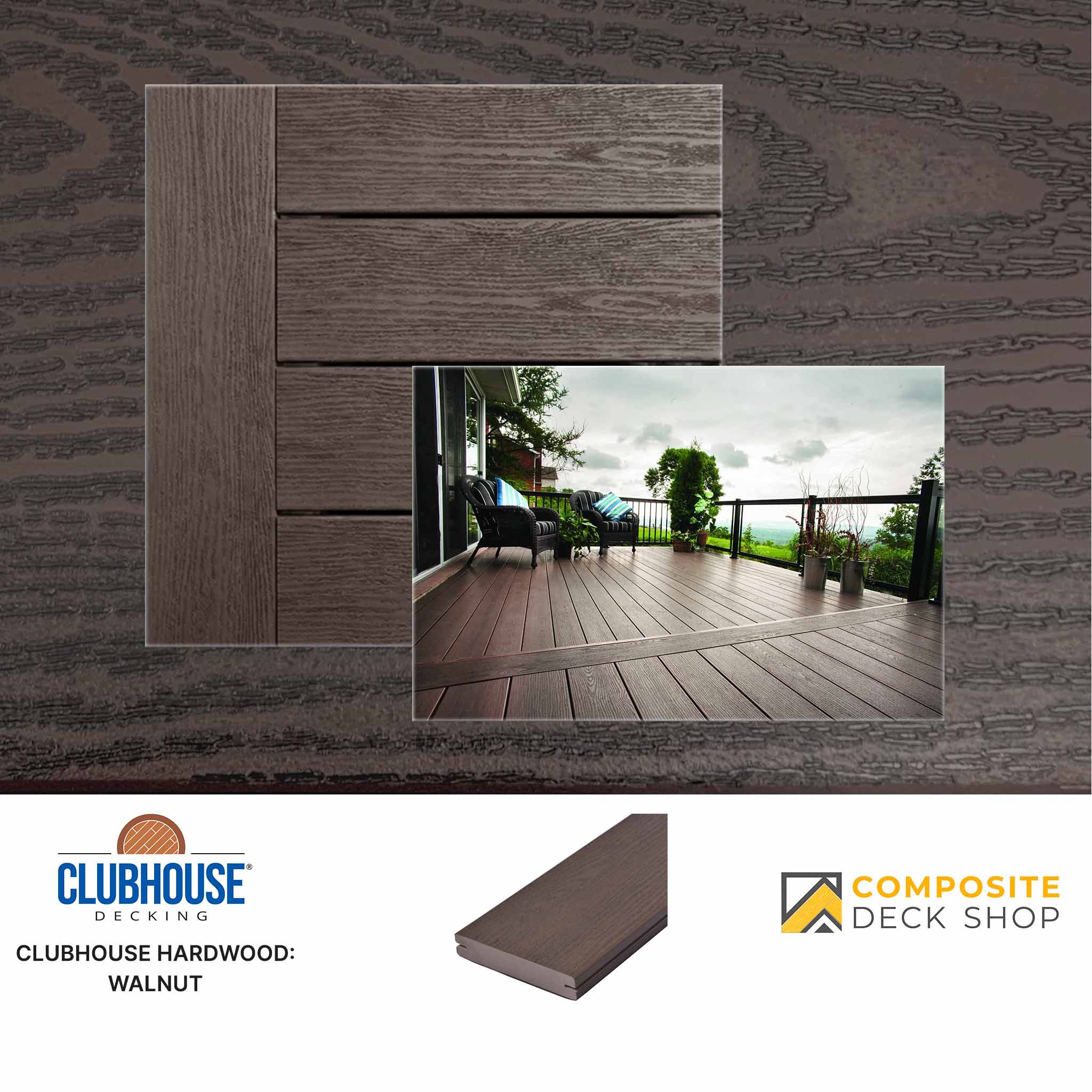 Sample of Clubhouse PVC Decking, featuring a finished deck photo—showcasing stylish, durable decking for any outdoor space.